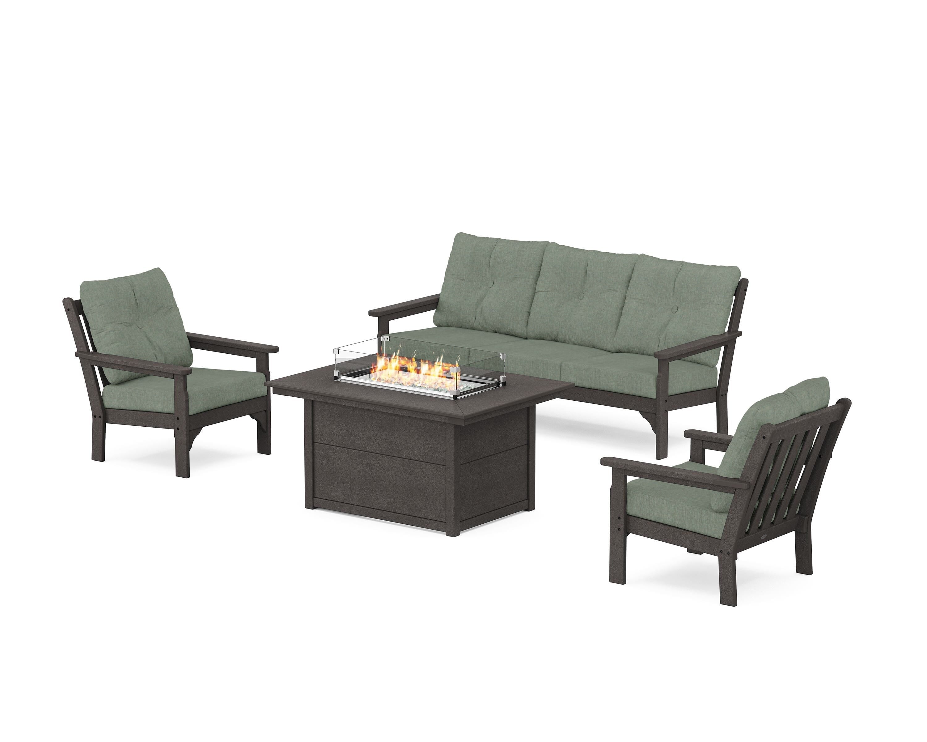 POLYWOOD Vineyard Deep Seating Fire Pit Table Set in Vintage Coffee / Cast Sage