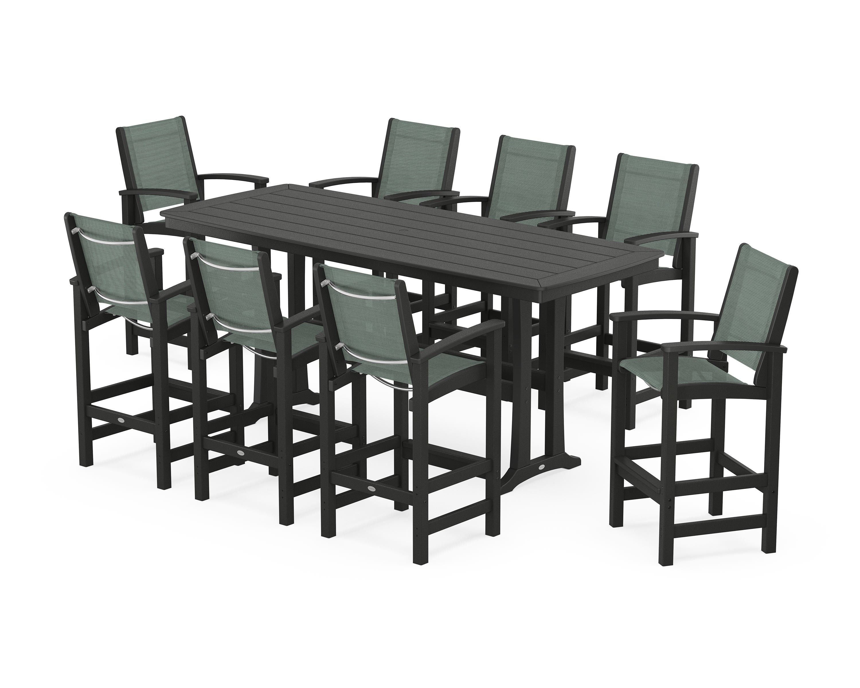 POLYWOOD Coastal 9-Piece Bar Set with Trestle Legs in Black / Dupioni Sea Mist Sling