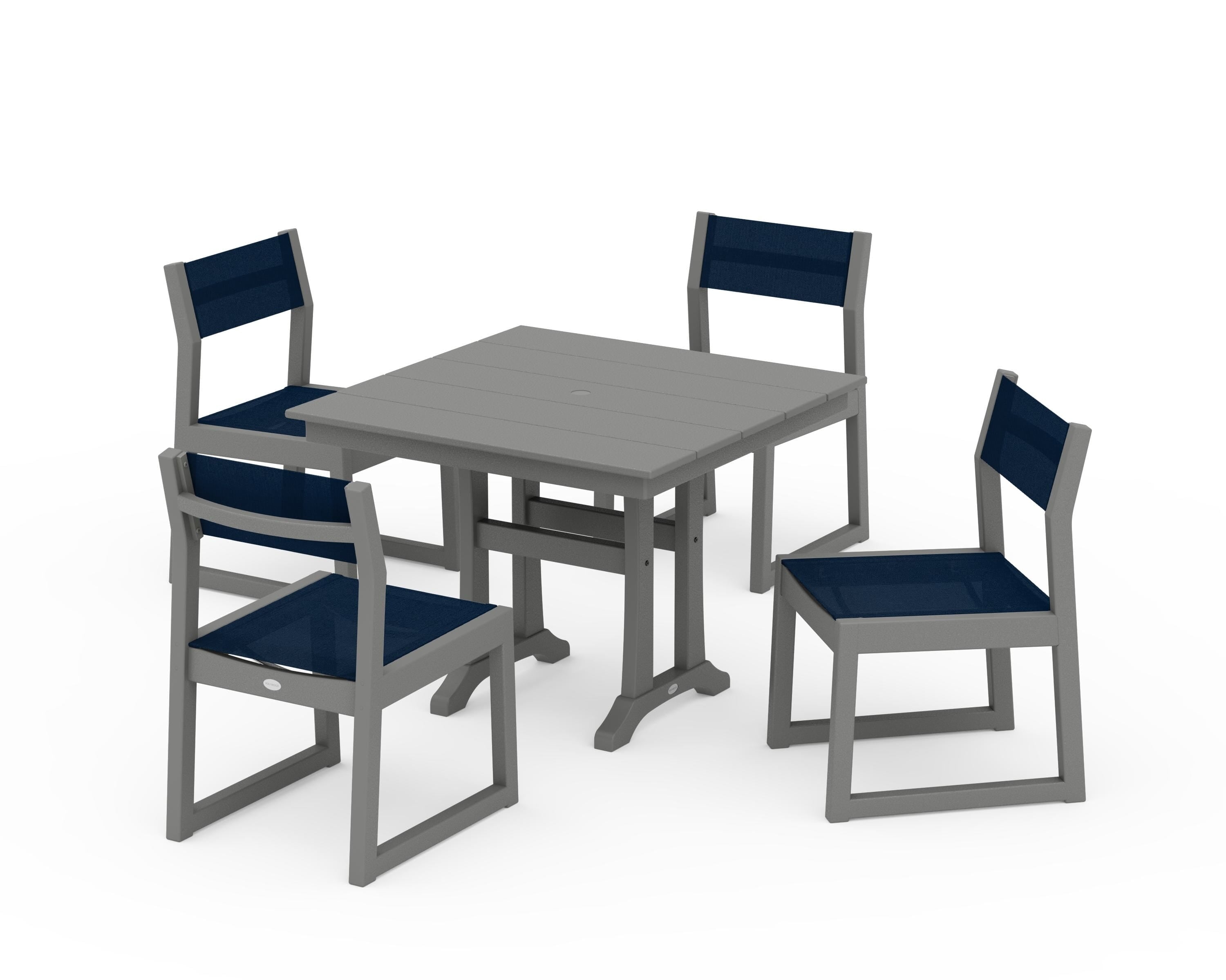 POLYWOOD EDGE Sling 5-Piece Farmhouse Trestle Side Chair Dining Set in Slate Grey / Navy Blue Sling