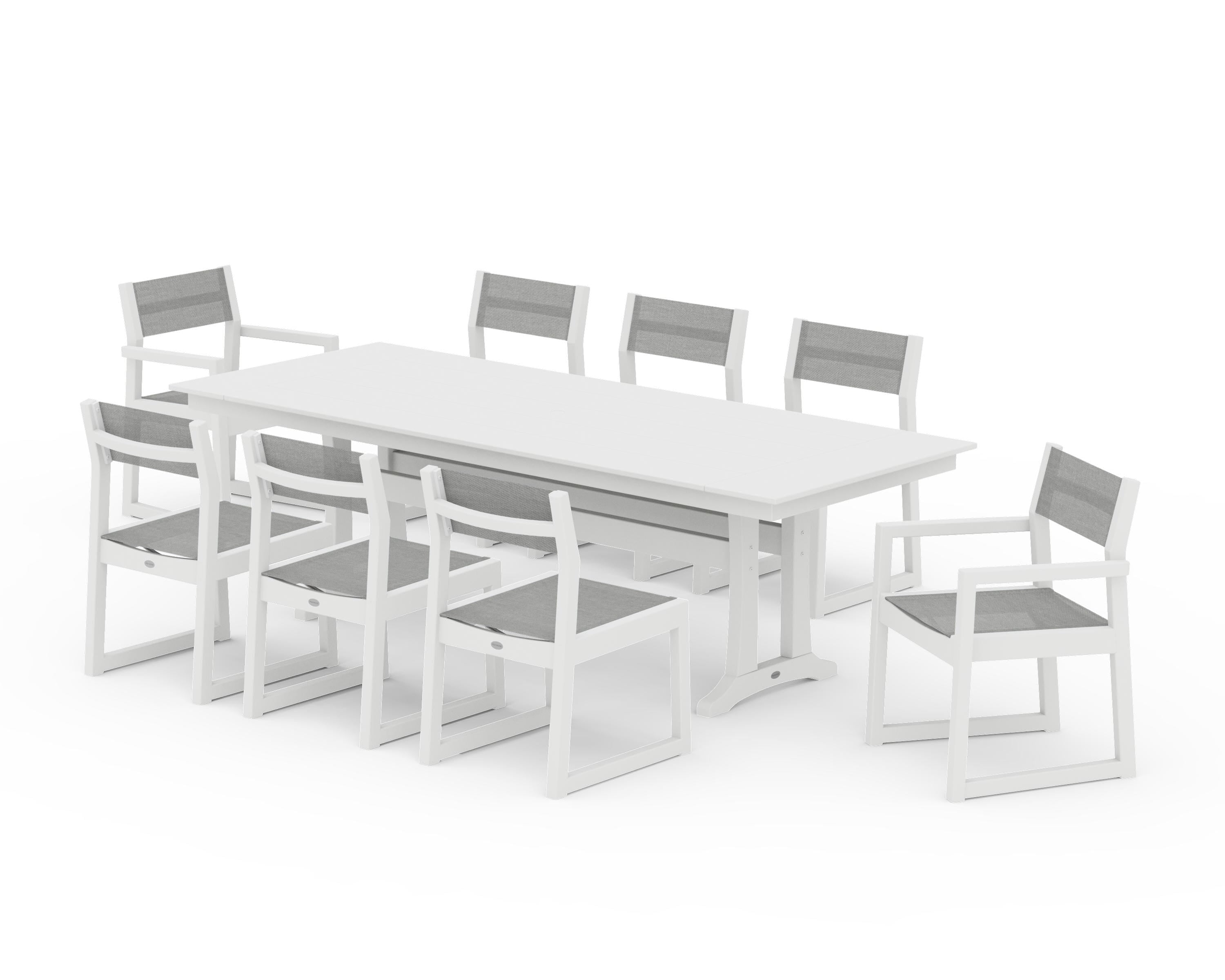 POLYWOOD EDGE Sling 9-Piece Farmhouse Trestle Dining Set in White / Metallic Sling