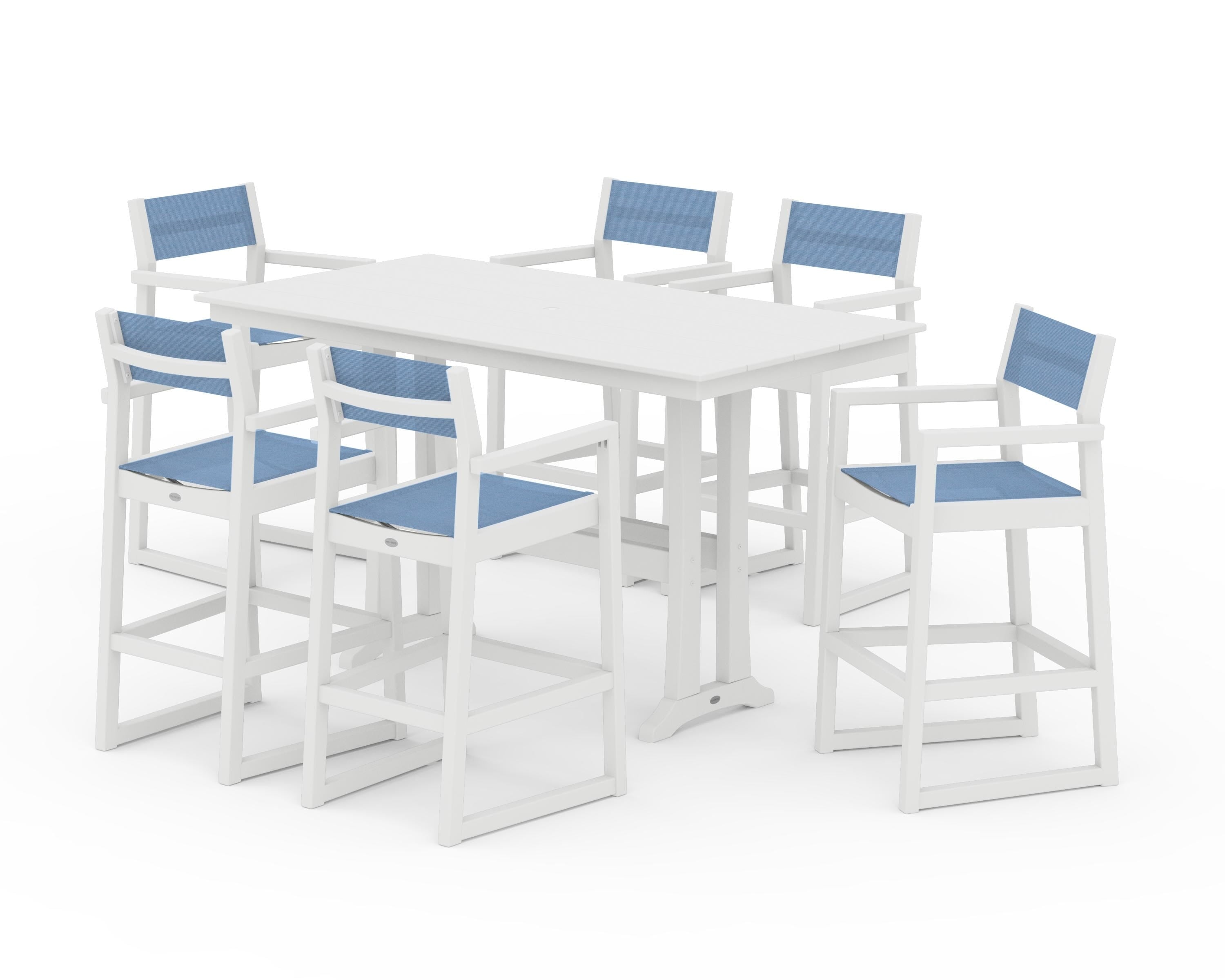 POLYWOOD EDGE Sling Arm Chair 7-Piece Farmhouse Bar Set with Trestle Legs in White / Poolside Sling