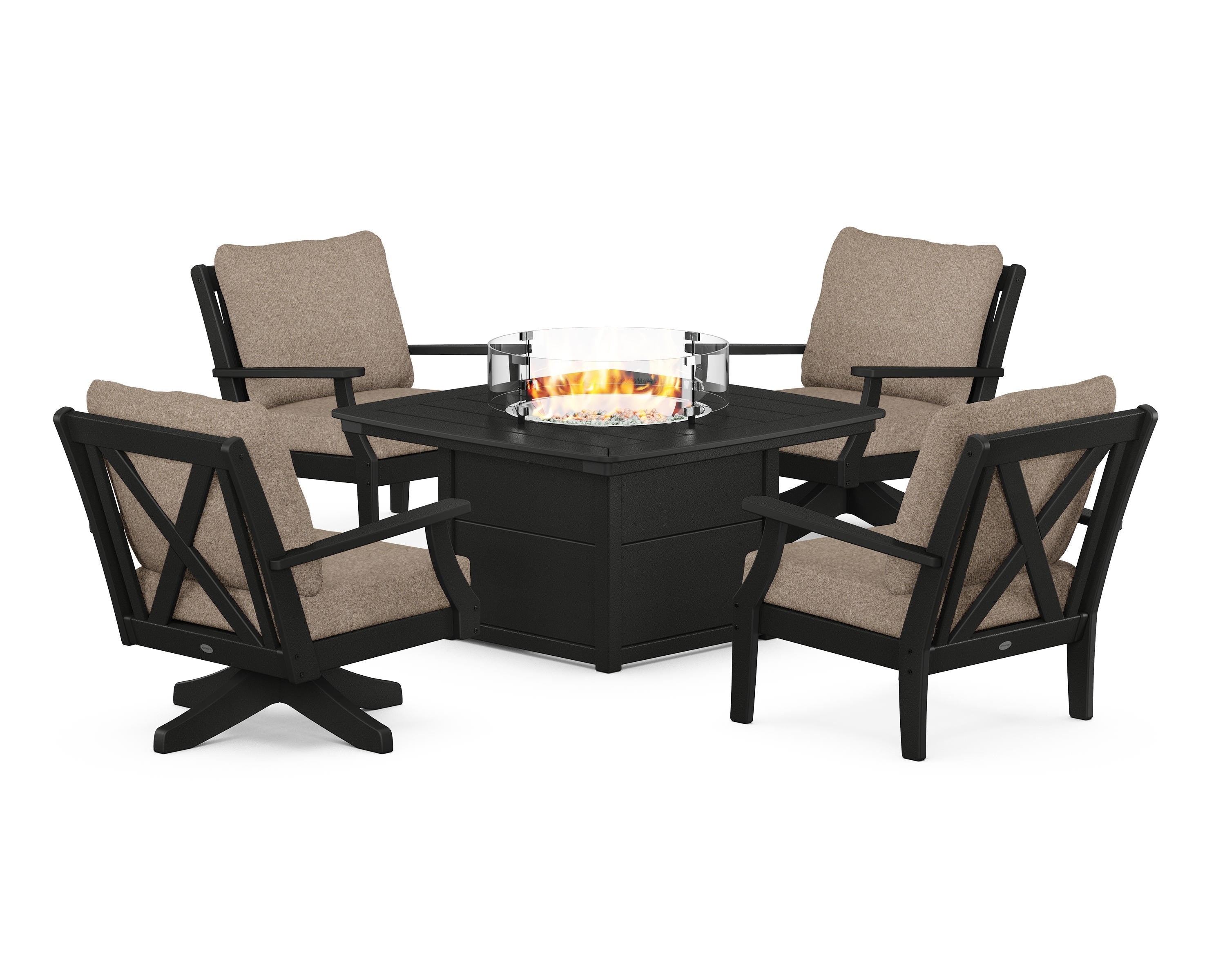 POLYWOOD Braxton 5-Piece Deep Seating Set with Fire Table in Black / Spiced Burlap