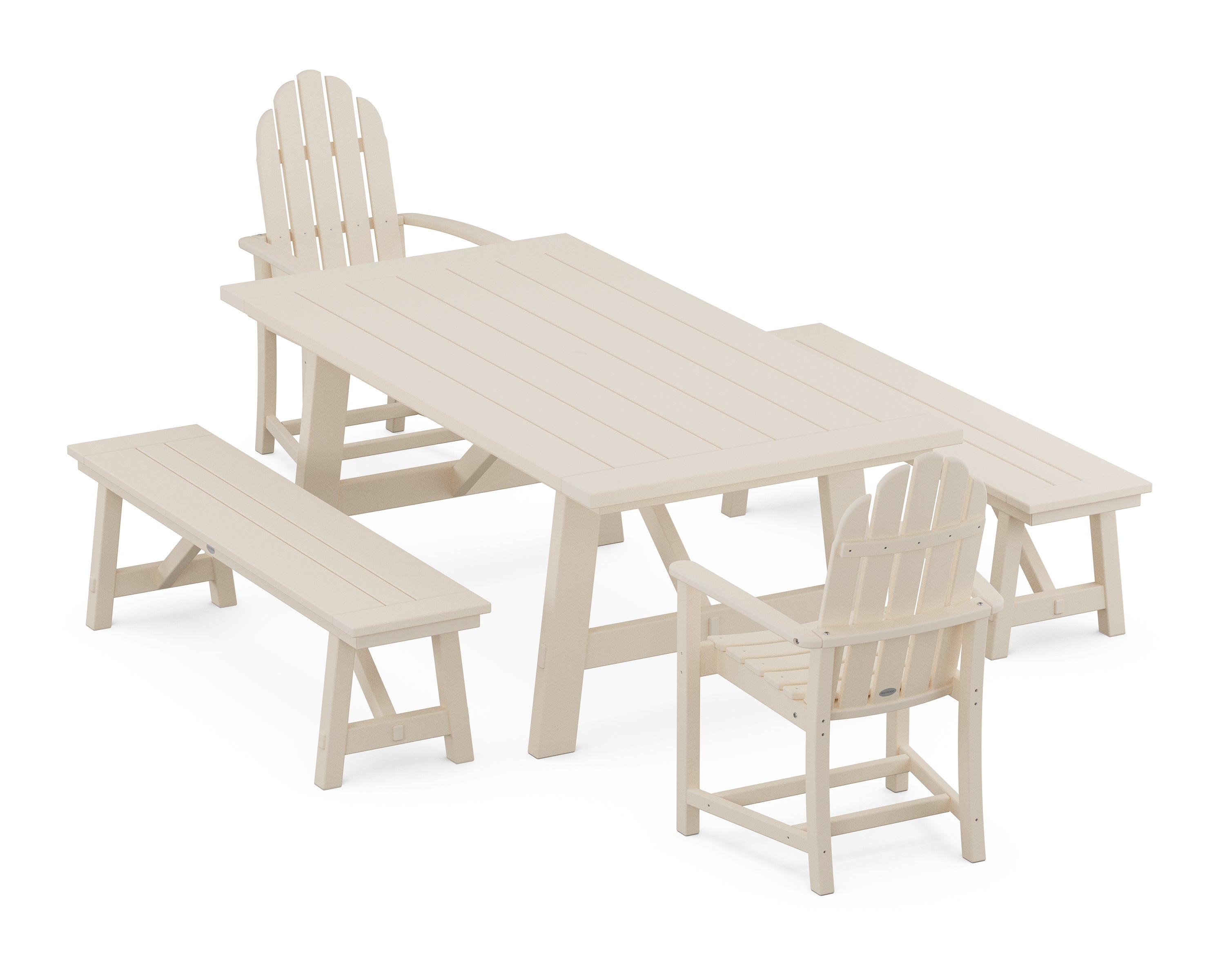 POLYWOOD® Classic Adirondack 5-Piece Rustic Farmhouse Dining Set With Benches in Sand