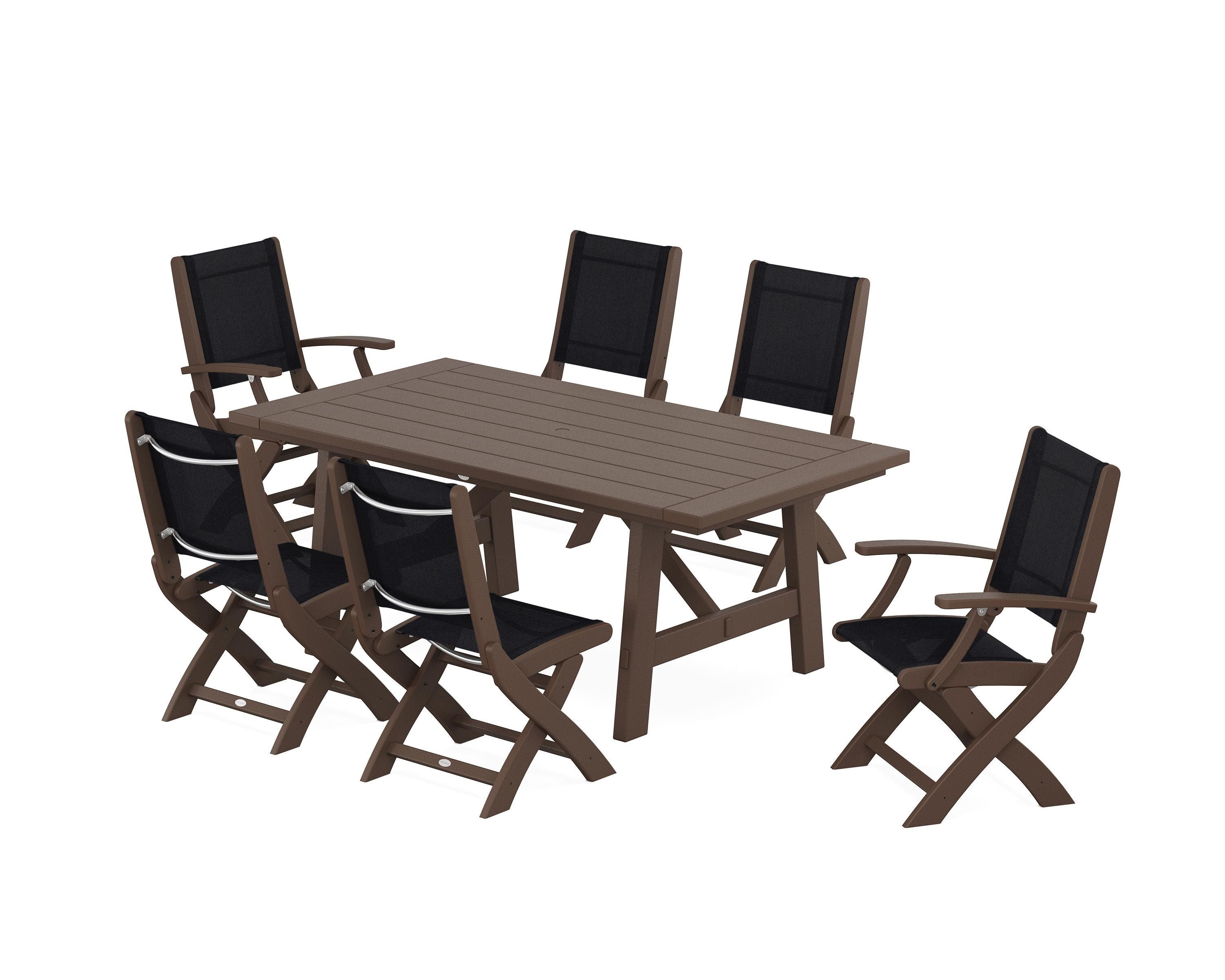 POLYWOOD Coastal Folding Chair 7-Piece Rustic Farmhouse Dining Set in Mahogany / Black Sling