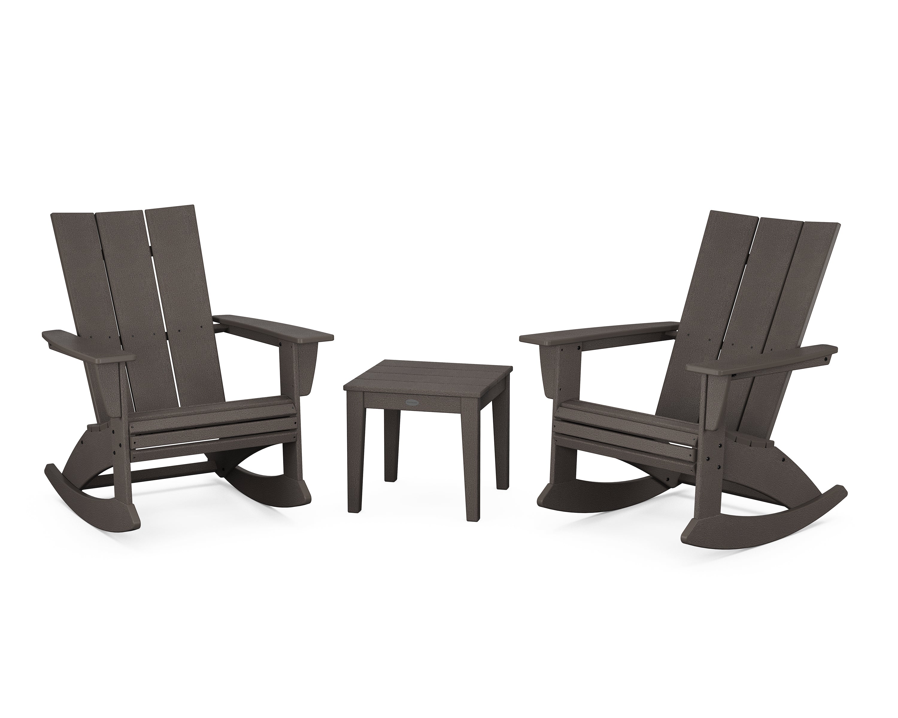 POLYWOOD® Modern Curveback 3-Piece Adirondack Rocking Chair Set in Vintage Coffee