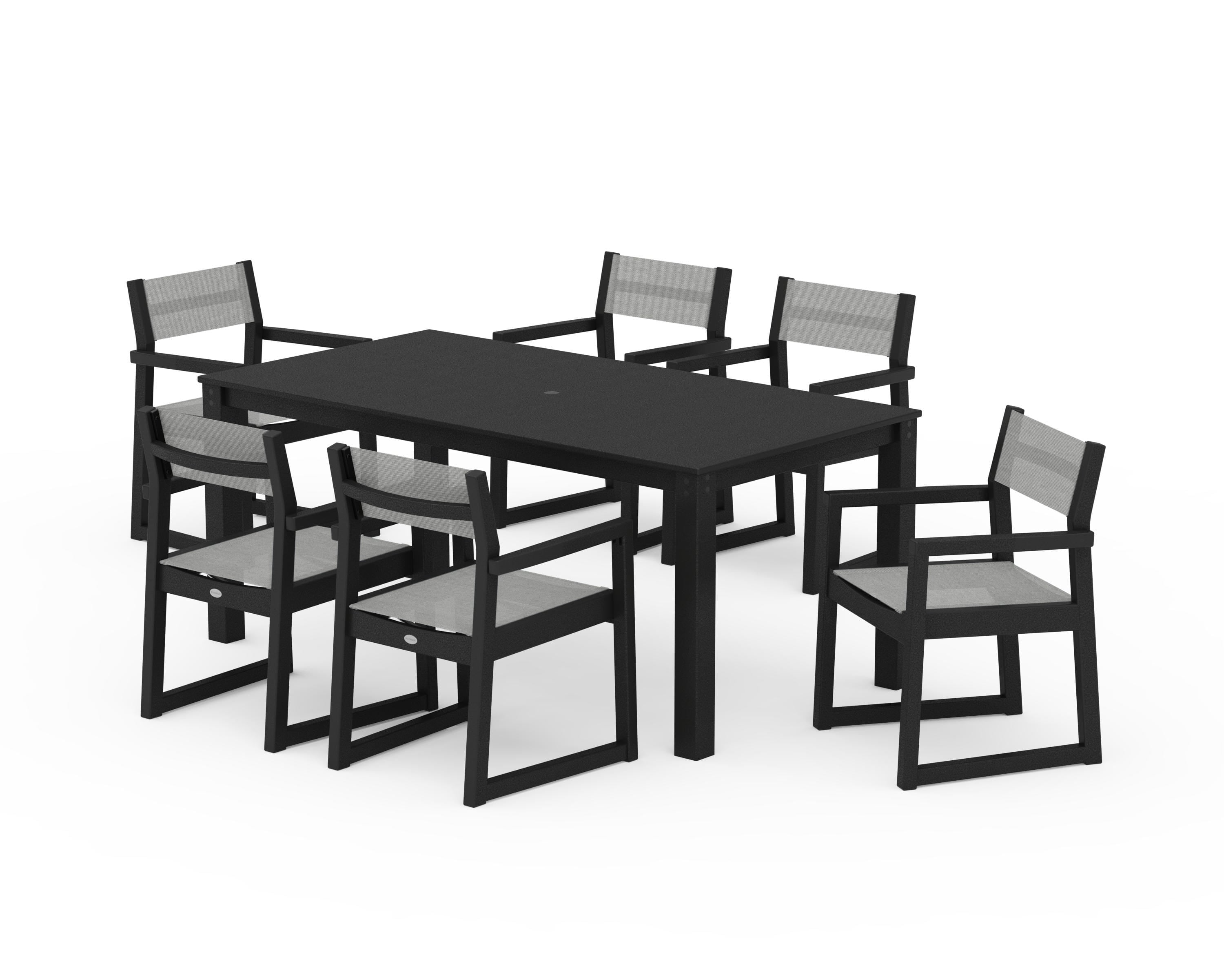 POLYWOOD EDGE Sling Arm Chair 7-Piece Parsons Dining Set in Black / Metallic Sling