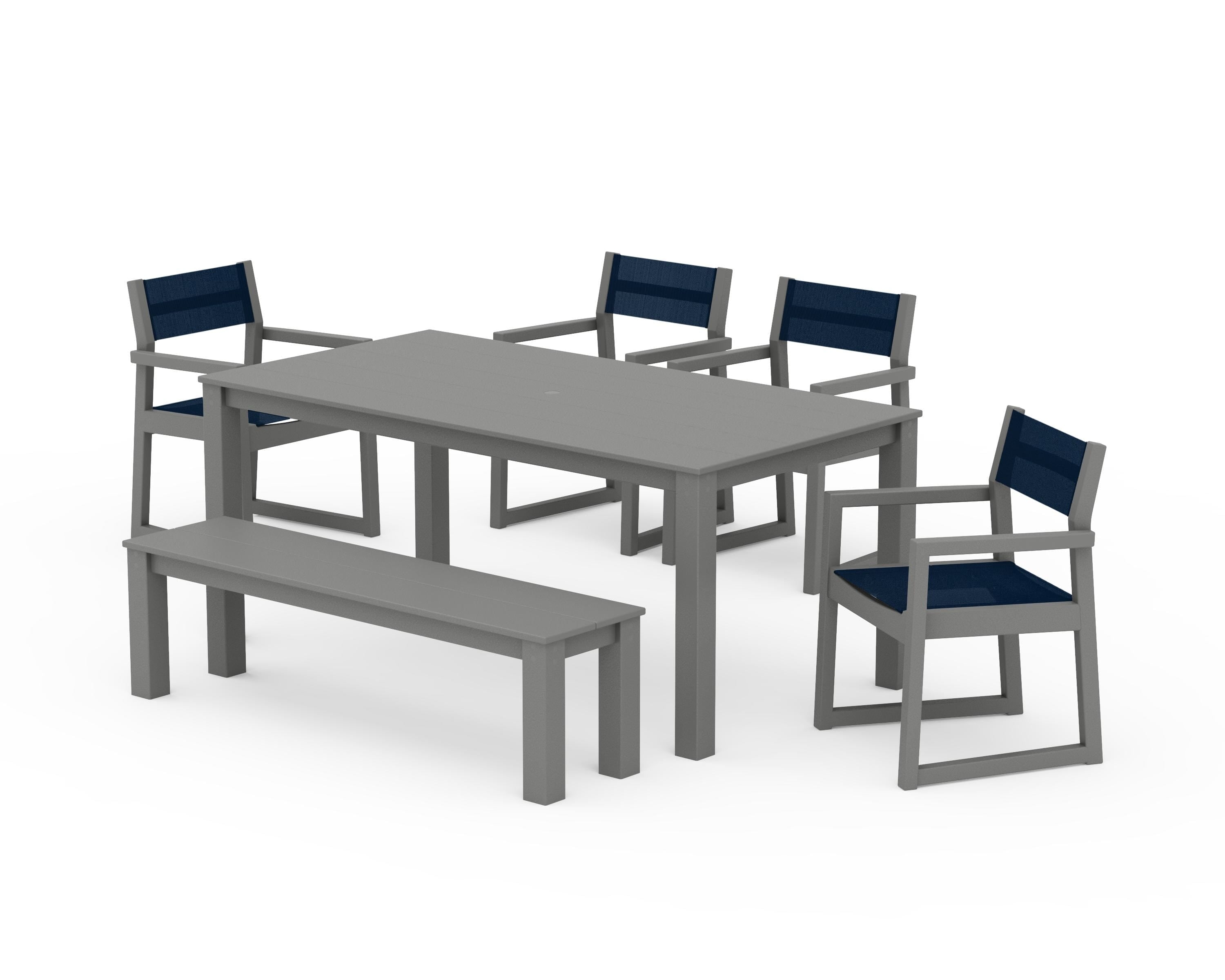 POLYWOOD EDGE Sling Arm Chair 6-Piece Parsons Dining Set with Bench in Slate Grey / Navy Blue Sling