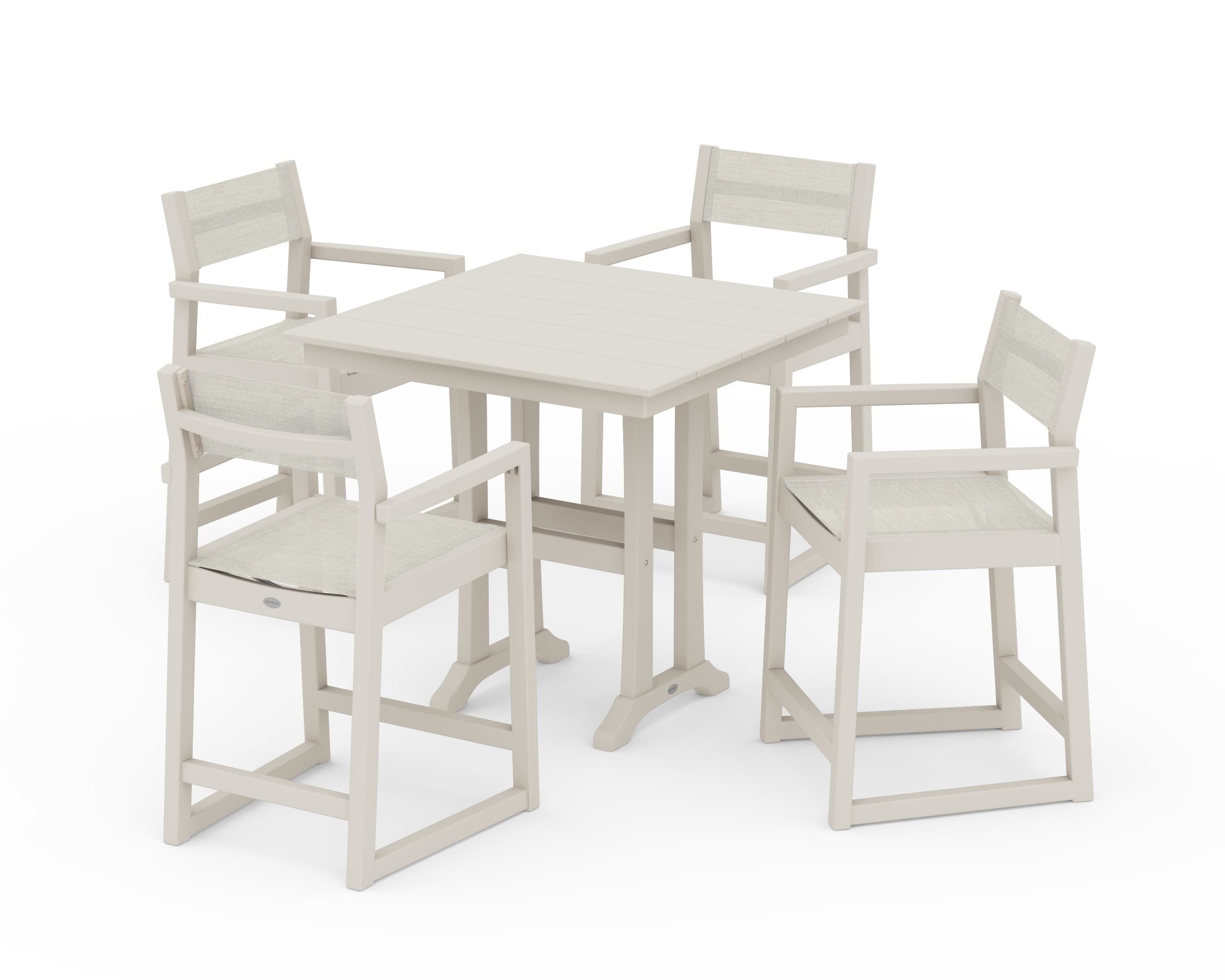 POLYWOOD EDGE Sling Arm Chair 5-Piece Farmhouse Counter Set with Trestle Legs in Sand / Parchment Sling