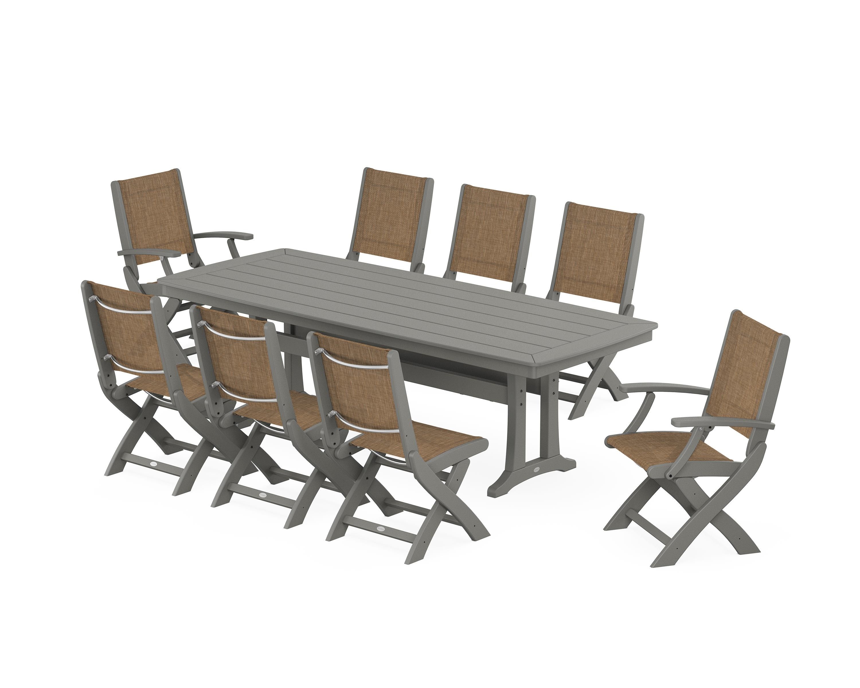 POLYWOOD Coastal Folding 9-Piece Dining Set with Trestle Legs in Slate Grey / Burlap Sling