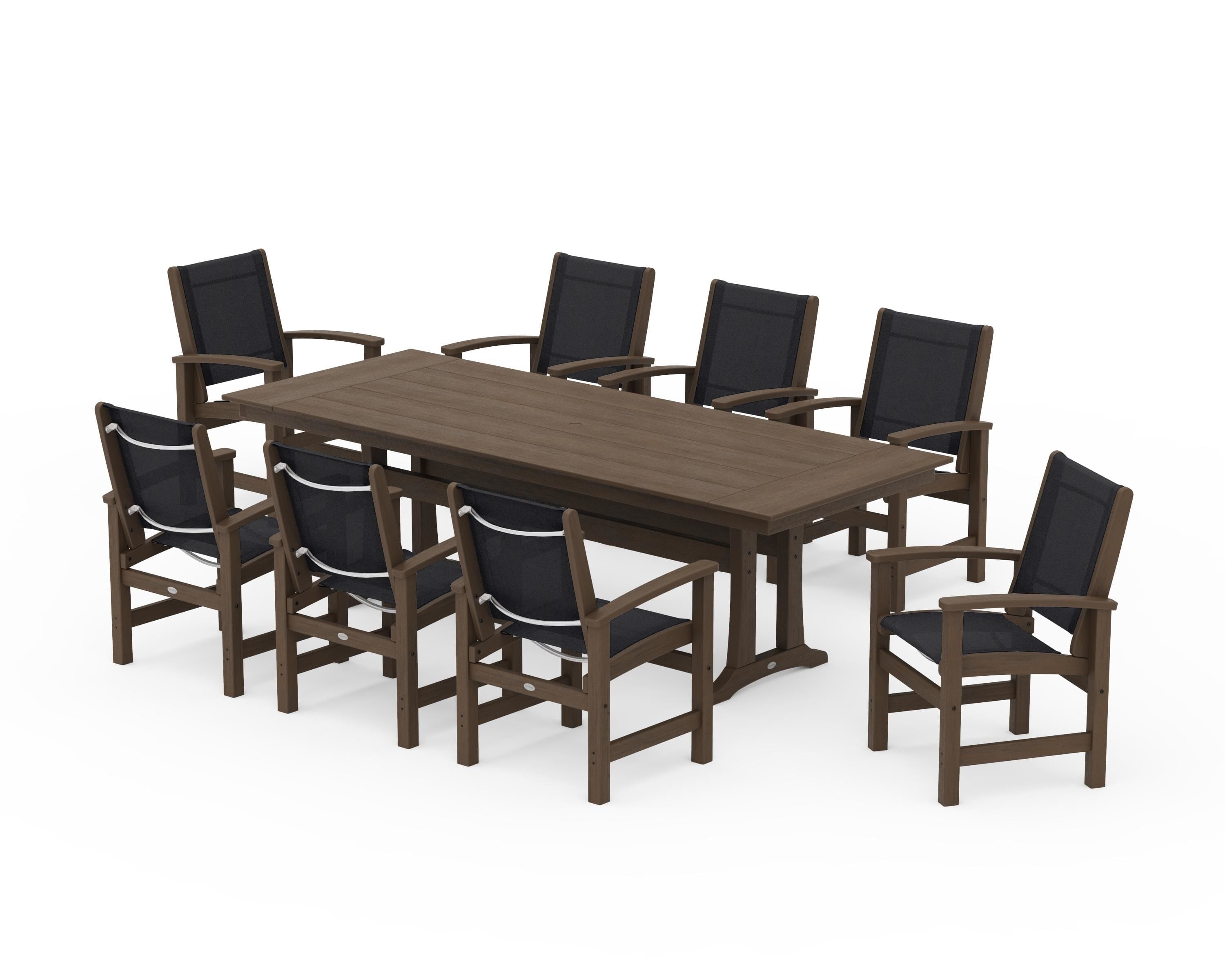 POLYWOOD Coastal 9-Piece Farmhouse Dining Set with Trestle Legs in Kona / Black Sling