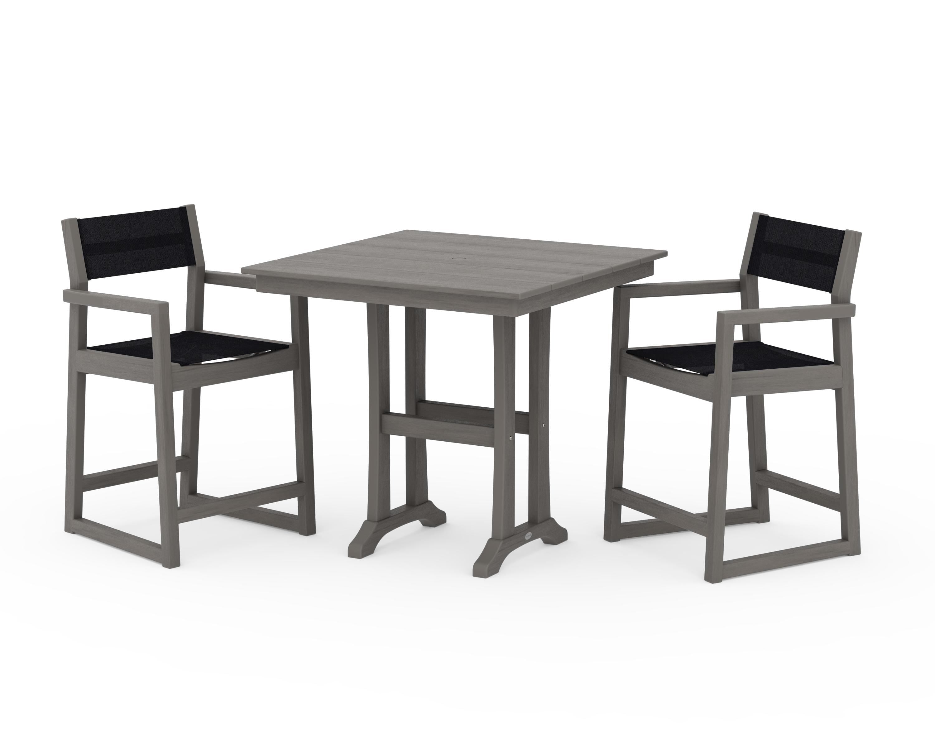 POLYWOOD EDGE Sling Arm Chair 3-Piece Farmhouse Counter Set with Trestle Legs in Driftwood / Black Sling