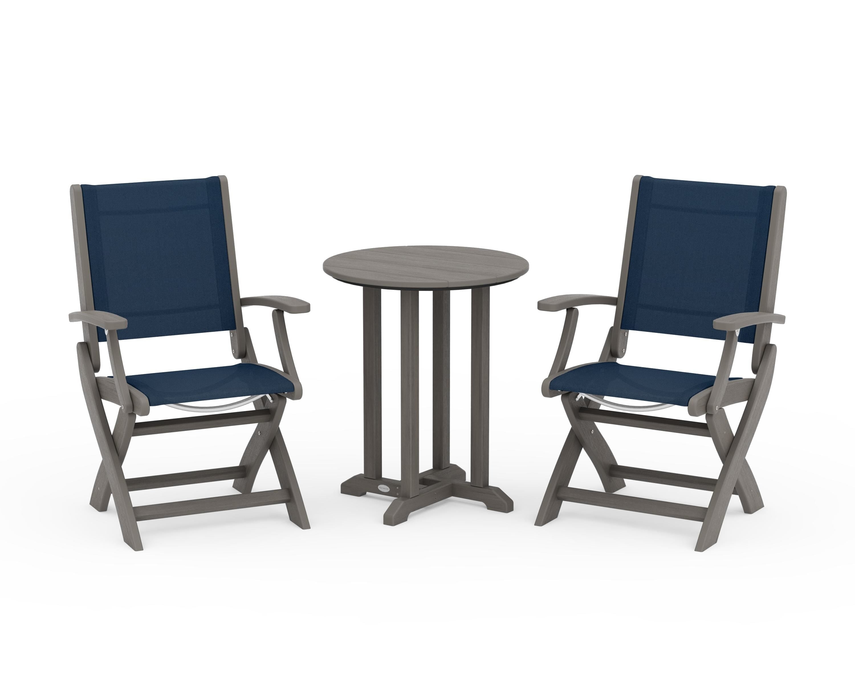 POLYWOOD Coastal Folding 3-Piece Round Bistro Dining Set in Driftwood / Navy Blue Sling