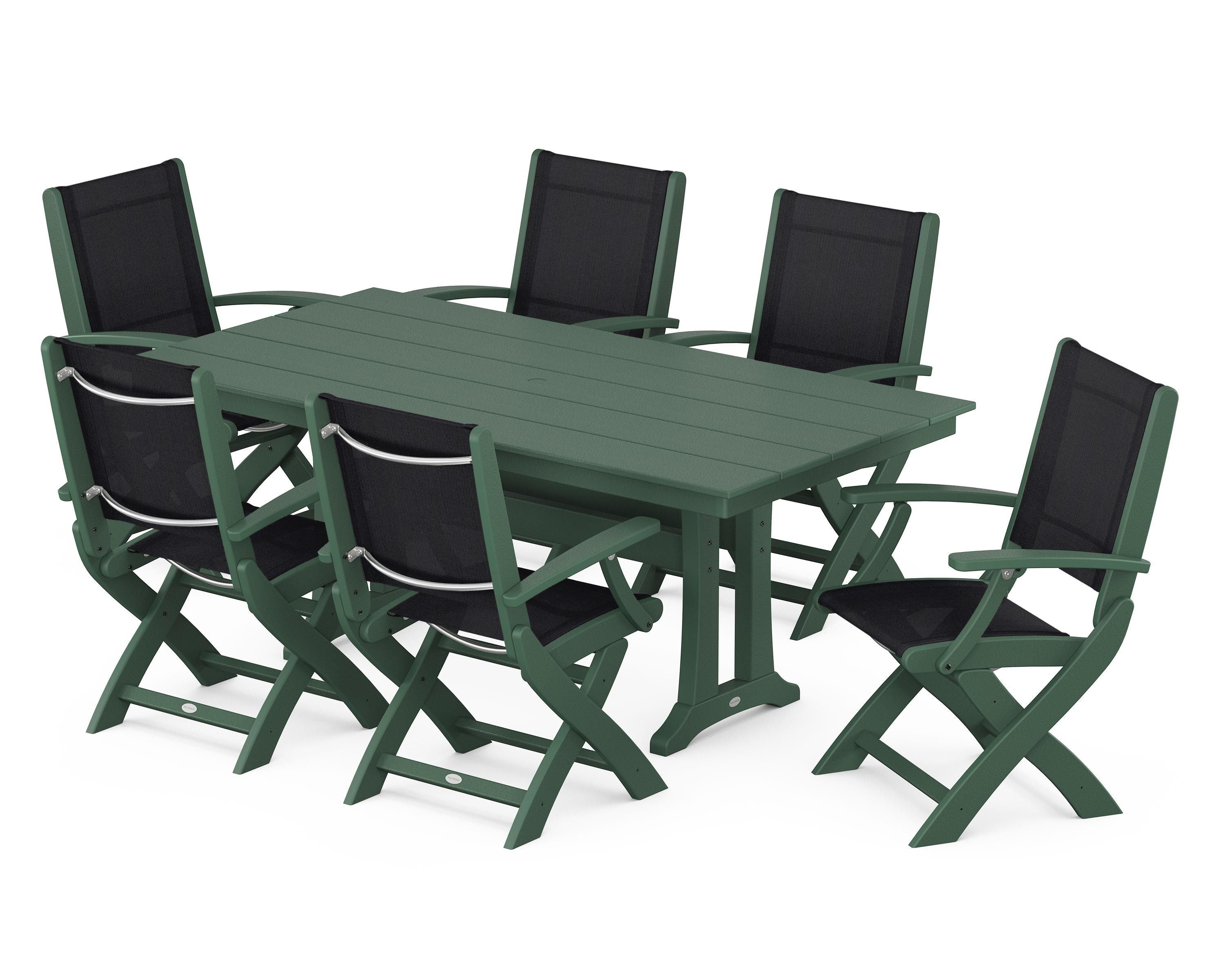 POLYWOOD Coastal Folding Arm Chair 7-Piece Farmhouse Dining Set with Trestle Legs in Green / Black Sling
