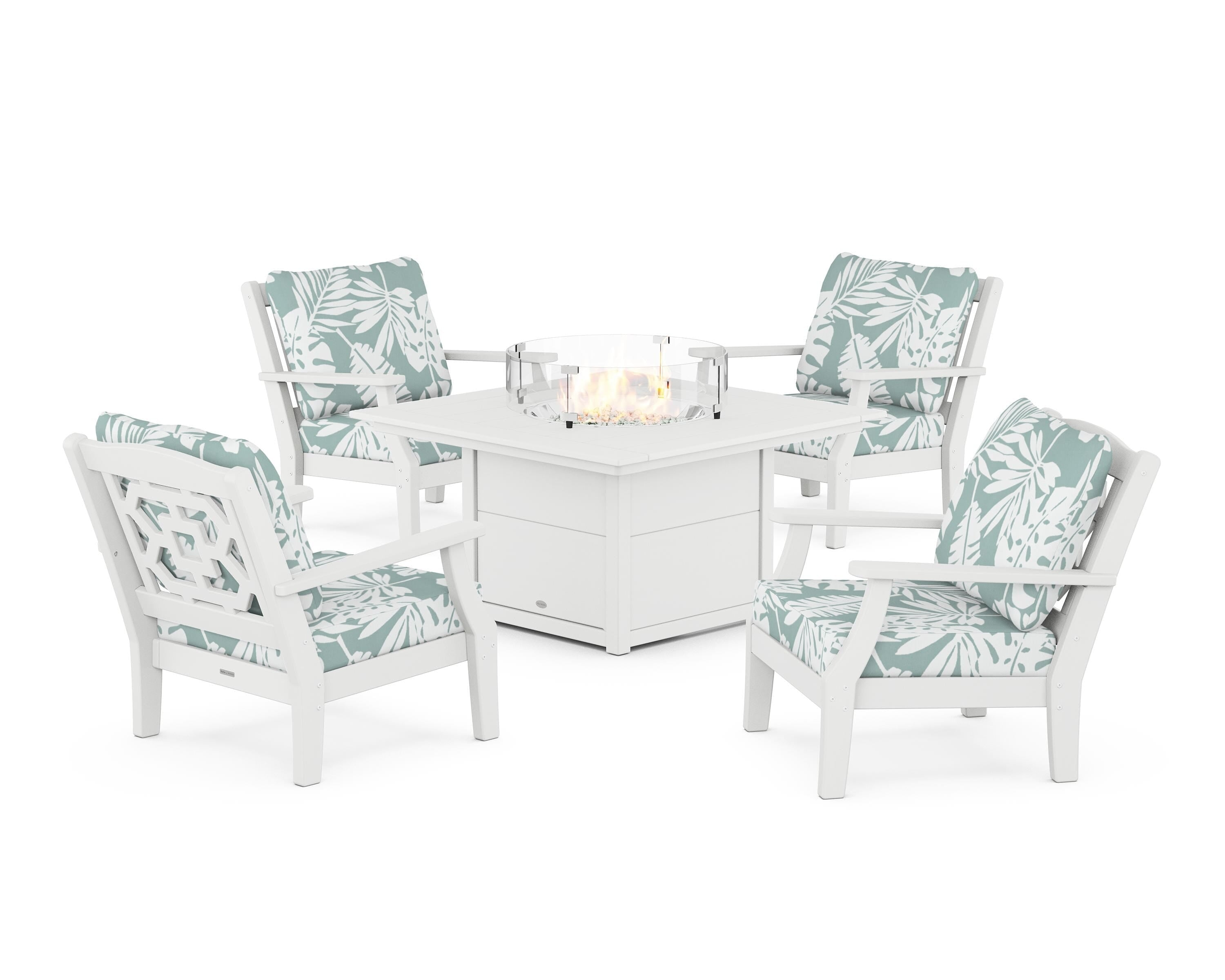Martha Stewart by POLYWOOD Chinoiserie 5-Piece Deep Seating Set with Fire Pit Table in White / Leaf Glacier Spa