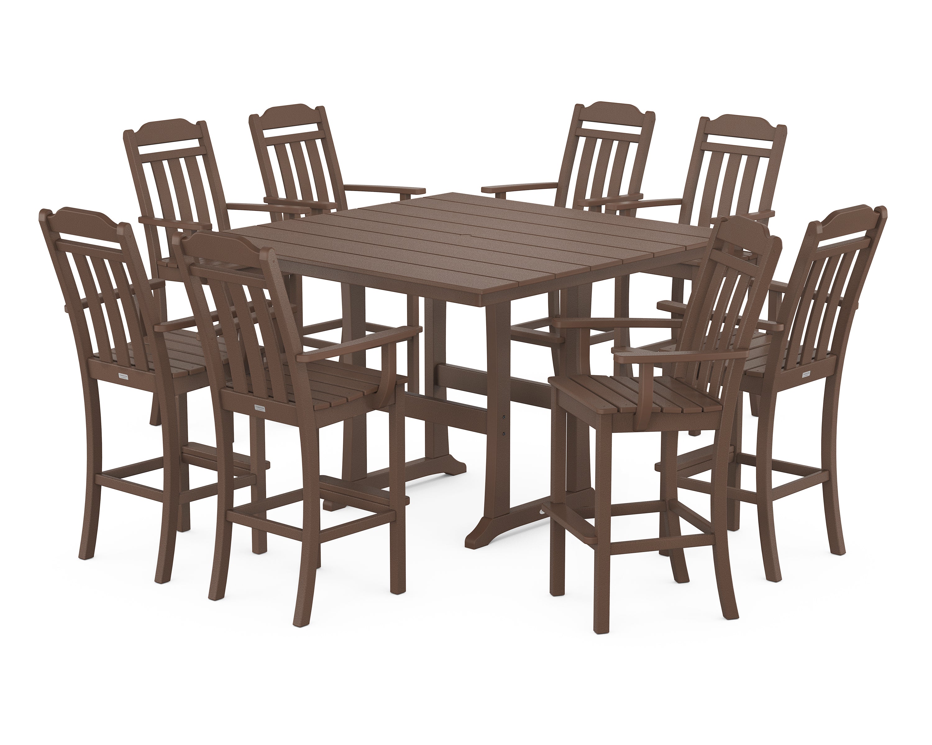 POLYWOOD Country Living 9-Piece Farmhouse Bar Set with Trestle Legs in Mahogany