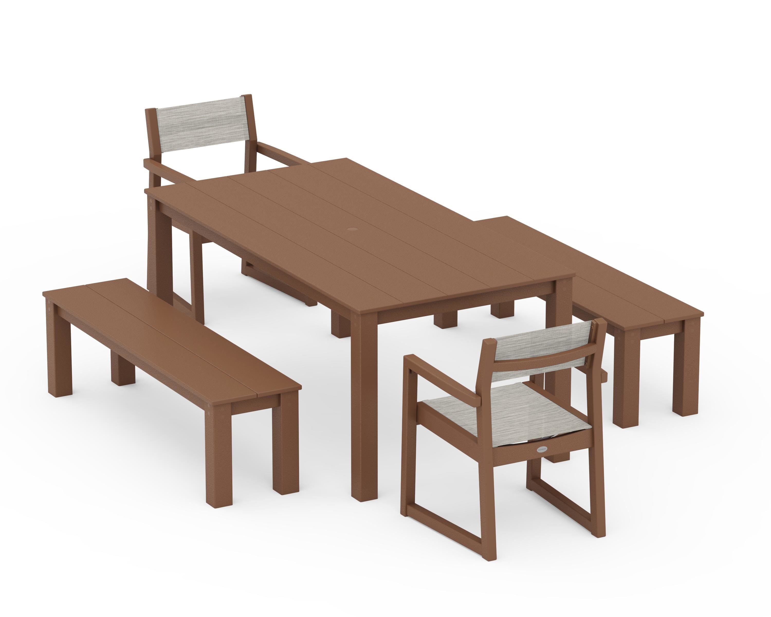 POLYWOOD EDGE Sling Arm Chair 5-Piece Parsons Dining Set with Benches in Teak / Birch Sling