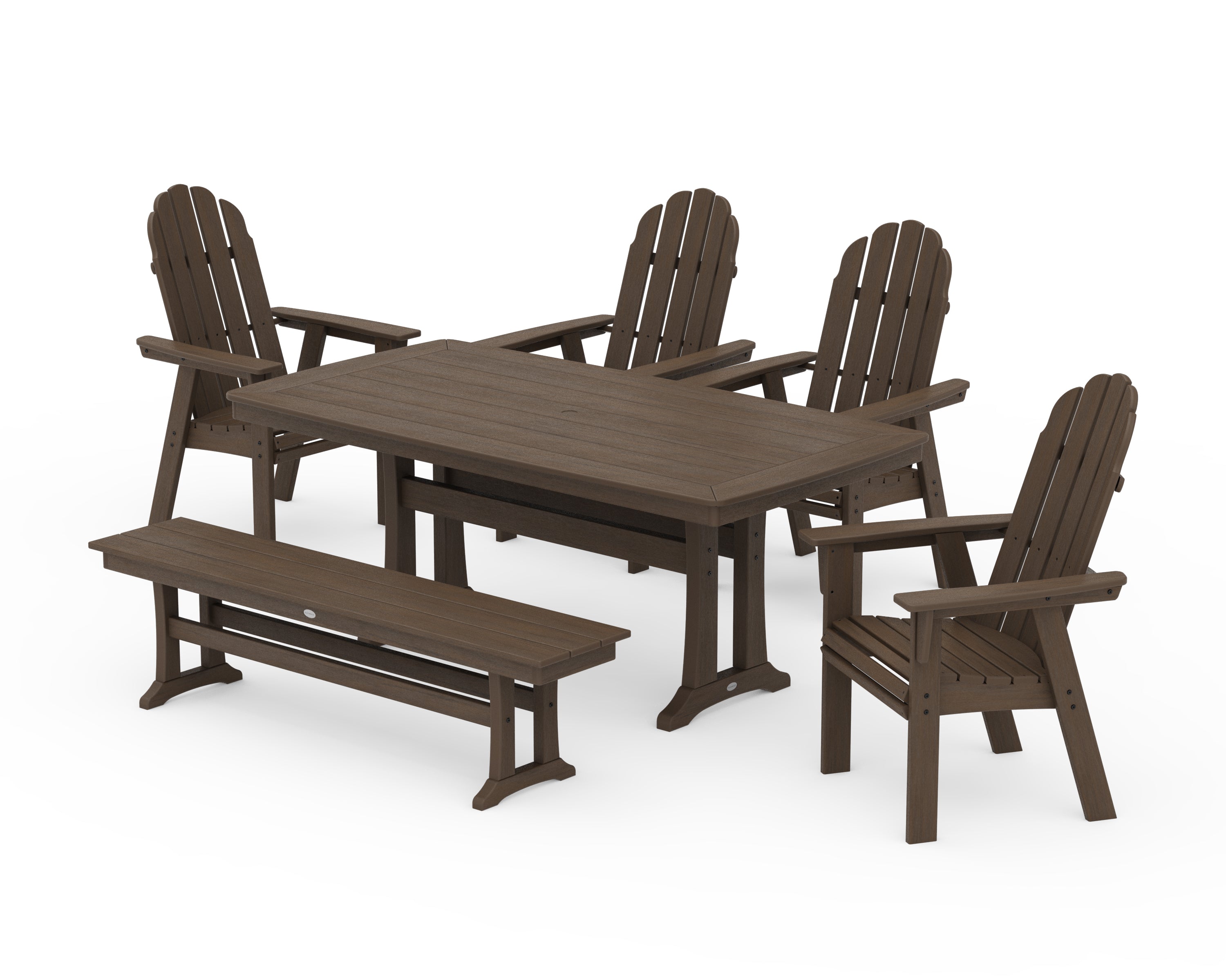 POLYWOOD Vineyard Curveback Adirondack Chair 6-Piece Dining Set with Trestle Legs and Bench in Kona