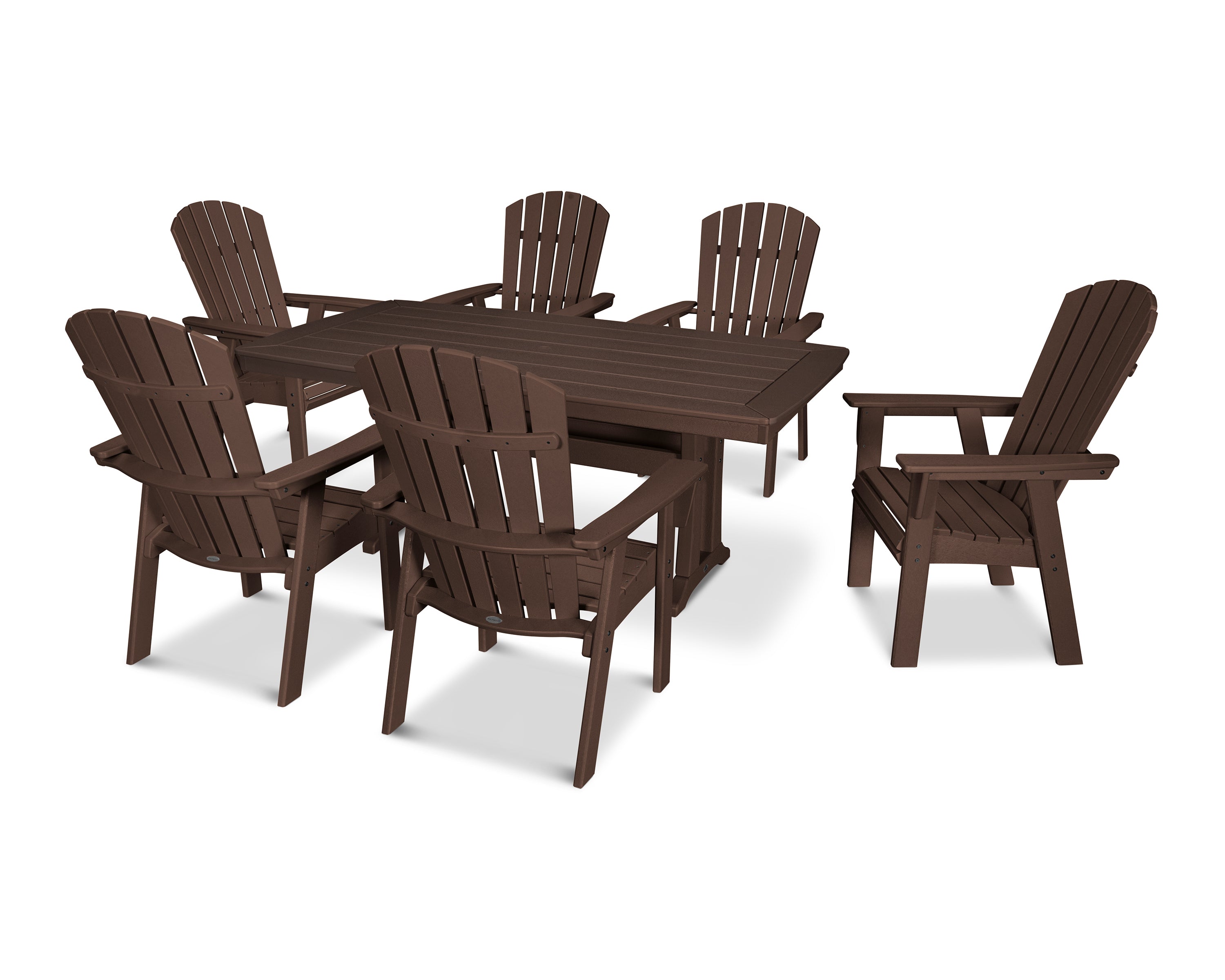 POLYWOOD® Nautical Curveback Adirondack 7-Piece Dining Set with Trestle Legs in Mahogany