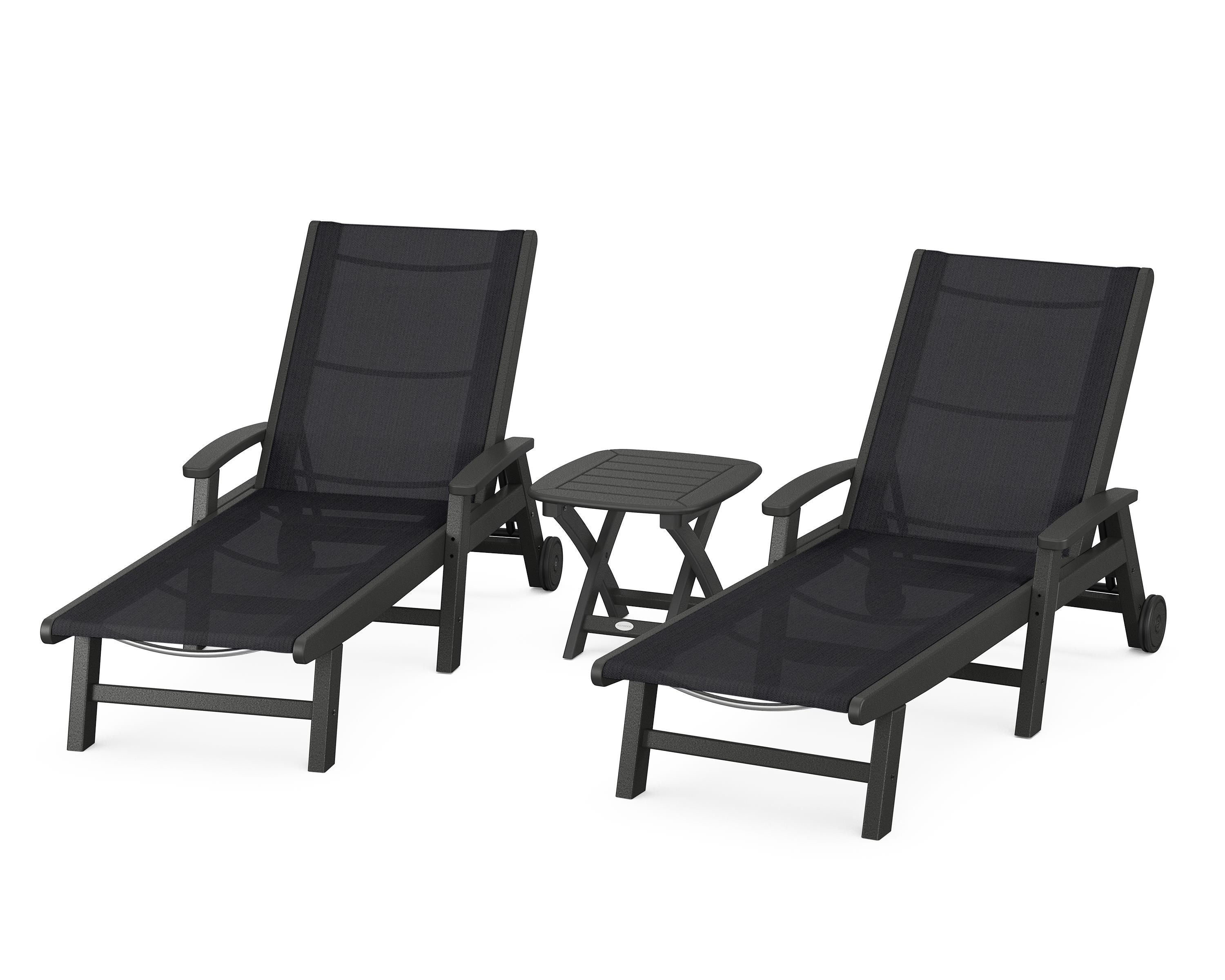 POLYWOOD Coastal 3-Piece Wheeled Chaise Set in Black / Black Sling