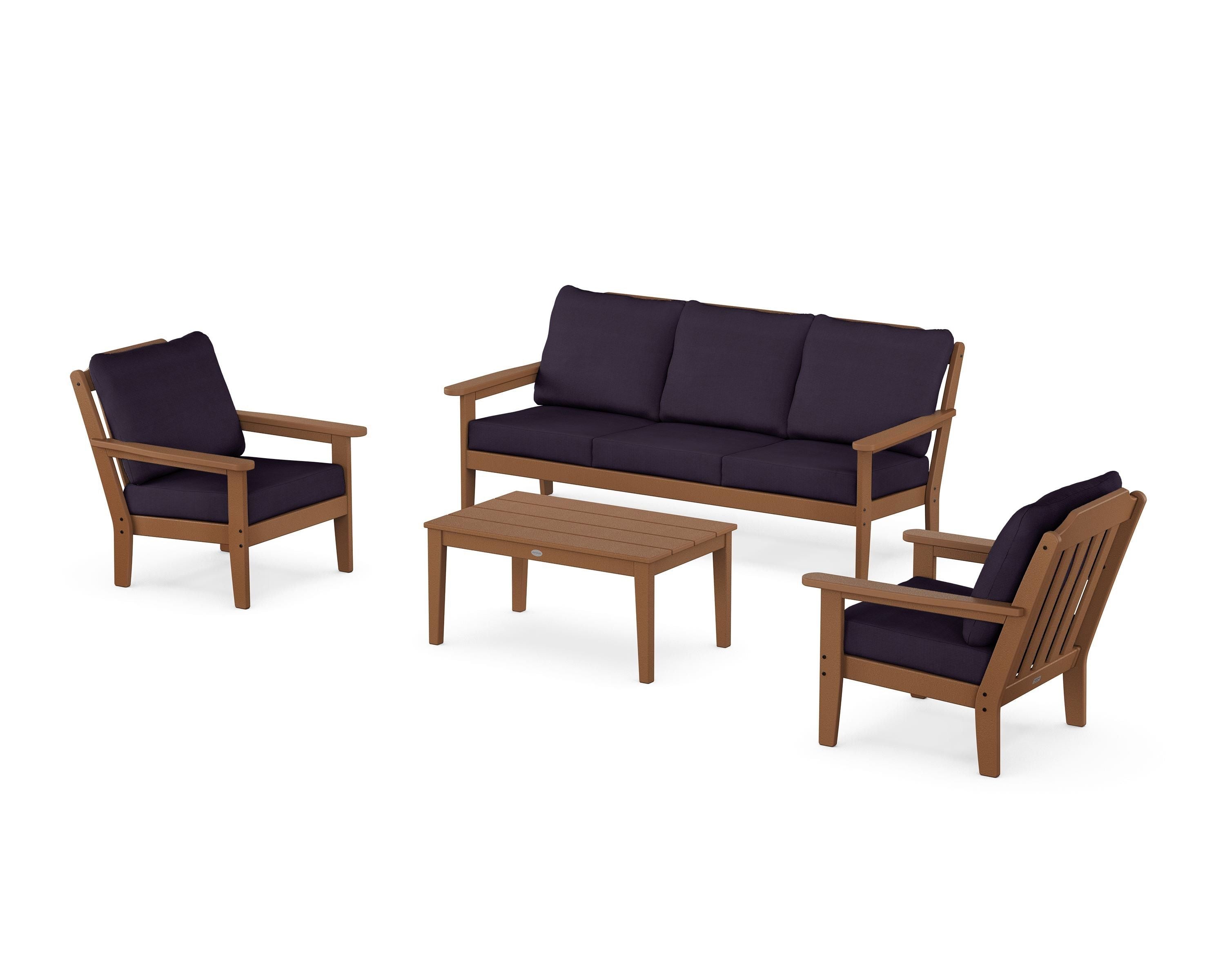Country Living Cottage 4-Piece Deep Seating Set with Sofa in Teak / Navy Linen