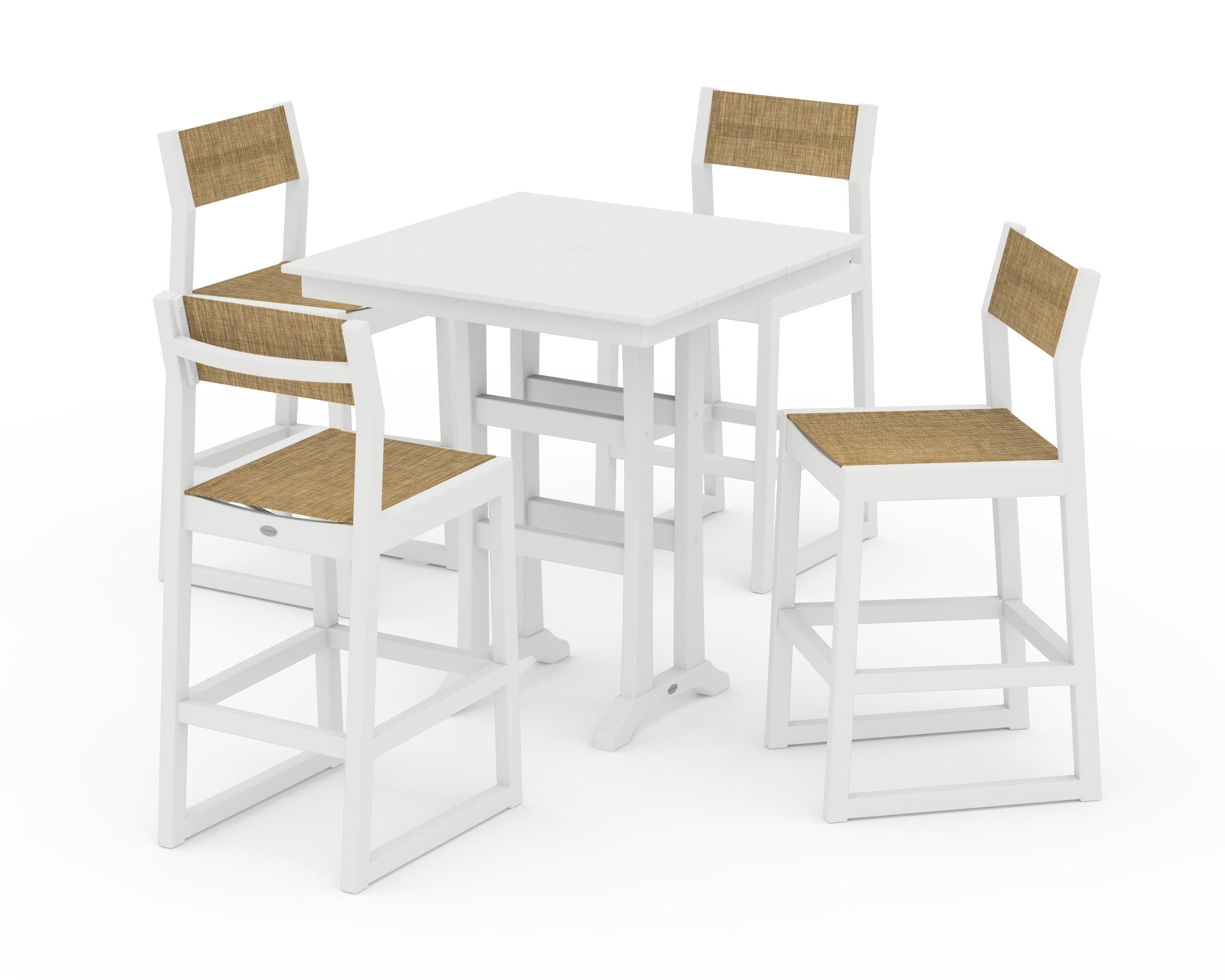 POLYWOOD EDGE Sling Arm Chair 5-Piece Farmhouse Bar Set with Trestle Legs in White / Burlap Sling
