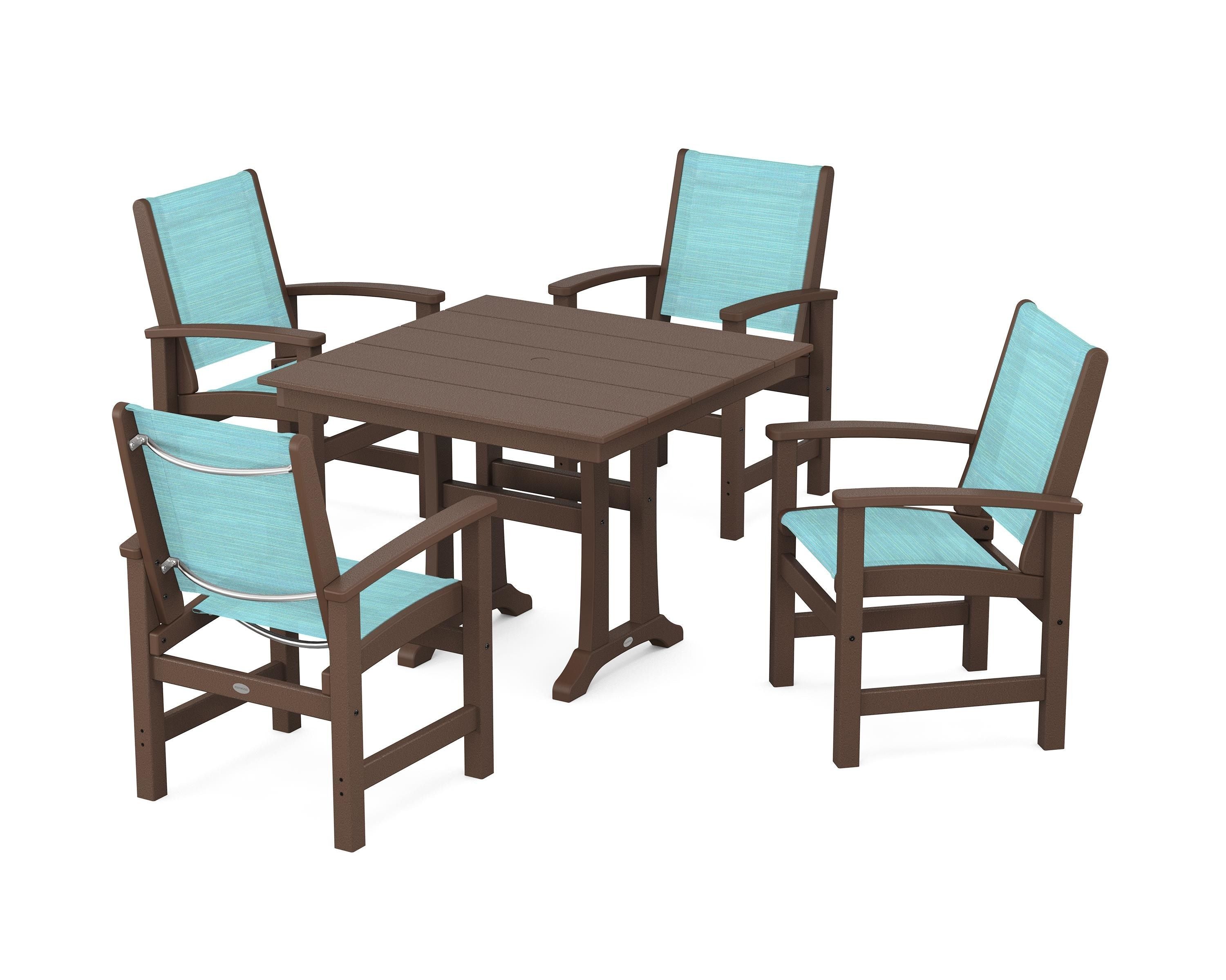 POLYWOOD Coastal 5-Piece Farmhouse Dining Set With Trestle Legs in Mahogany / Dupioni Aquamarine Sling