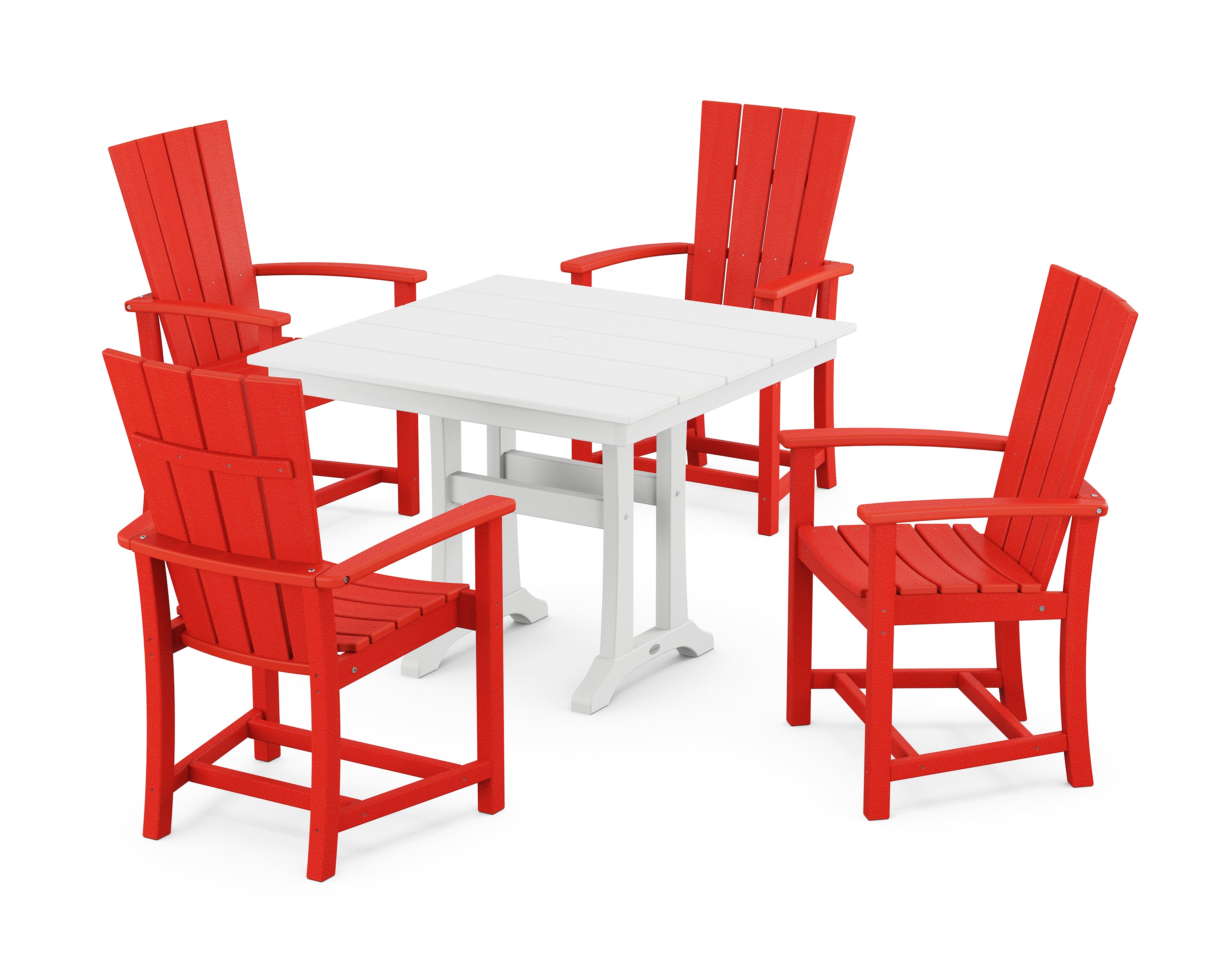 POLYWOOD® Quattro 5-Piece Farmhouse Dining Set With Trestle Legs in Sunset Red / White