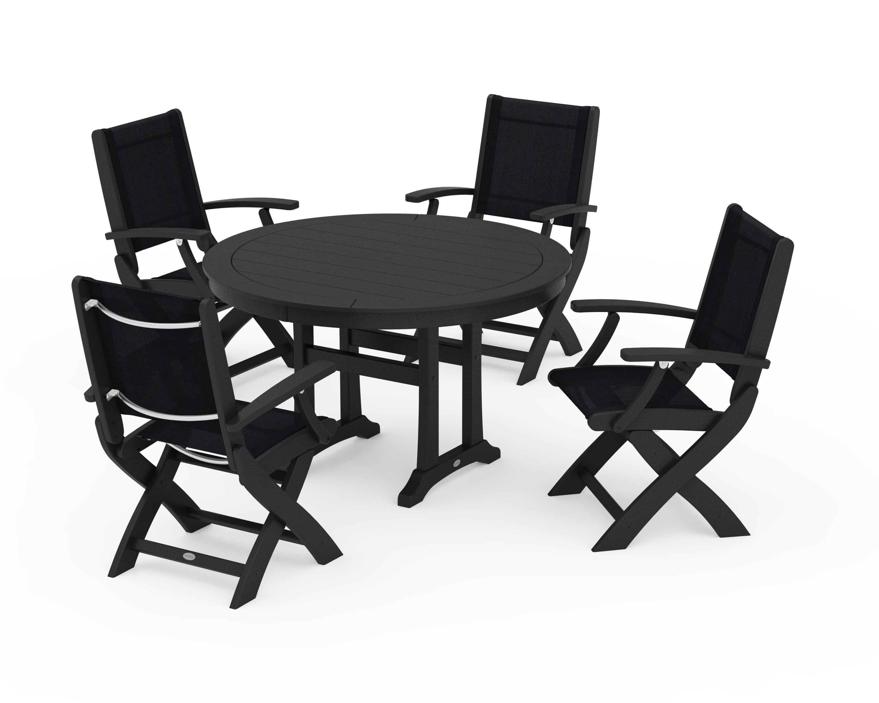POLYWOOD Coastal Folding Chair 5-Piece Round Dining Set with Trestle Legs in Black / Black Sling