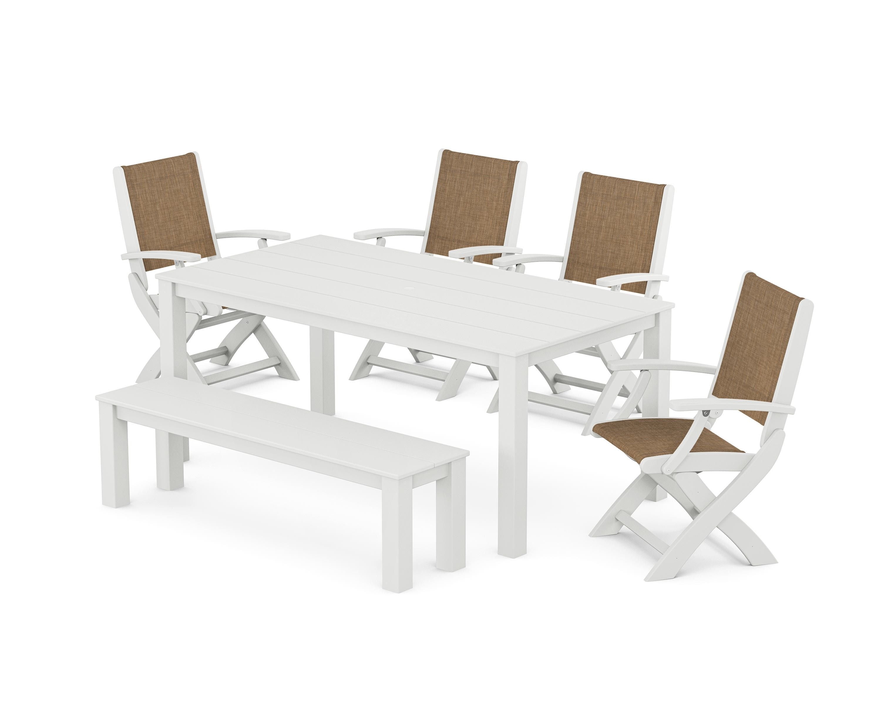 POLYWOOD Coastal Folding Chair 6-Piece Parsons Dining Set with Bench in White / Burlap Sling