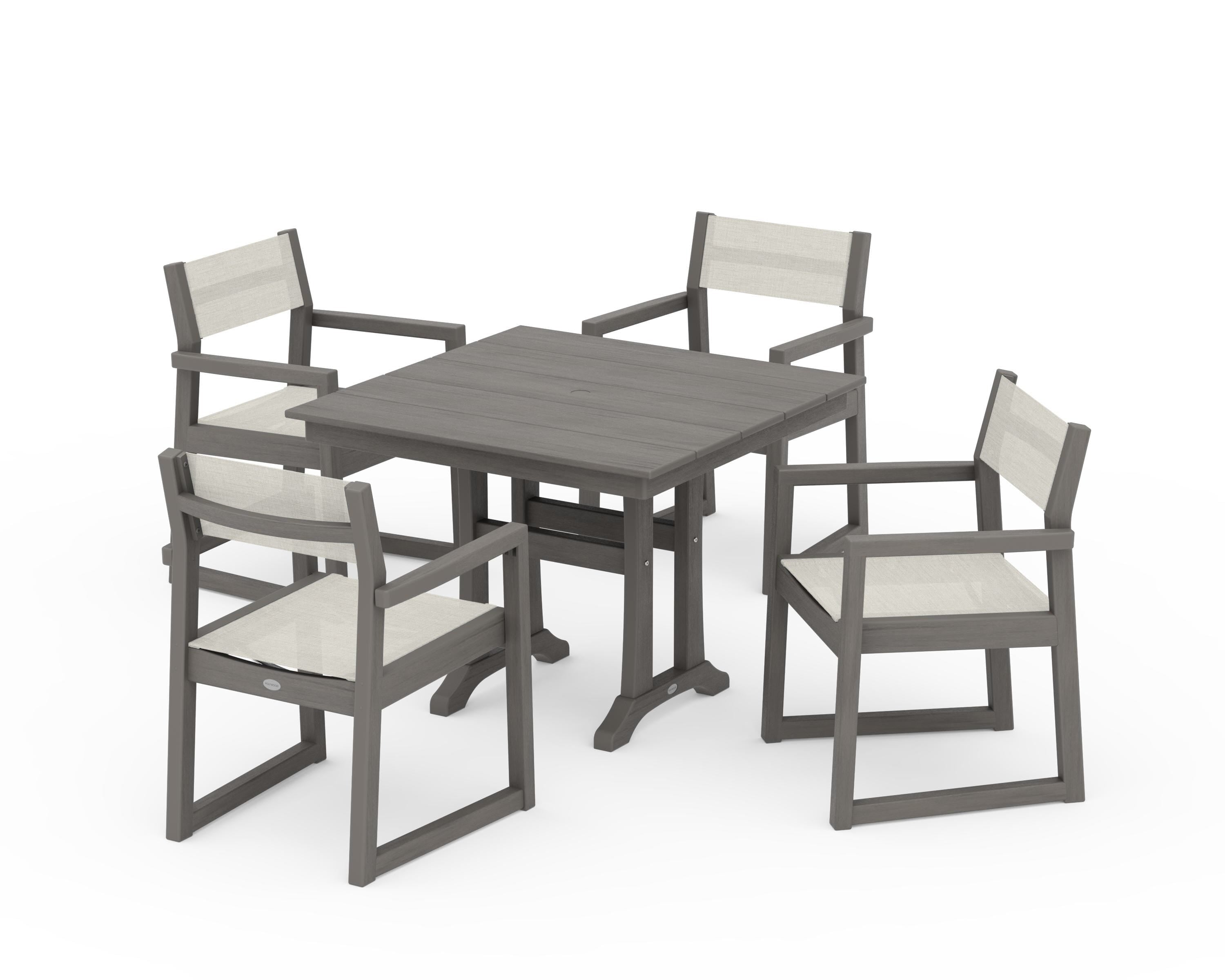 POLYWOOD EDGE Sling 5-Piece Farmhouse Dining Set with Trestle Legs in Driftwood / Parchment Sling