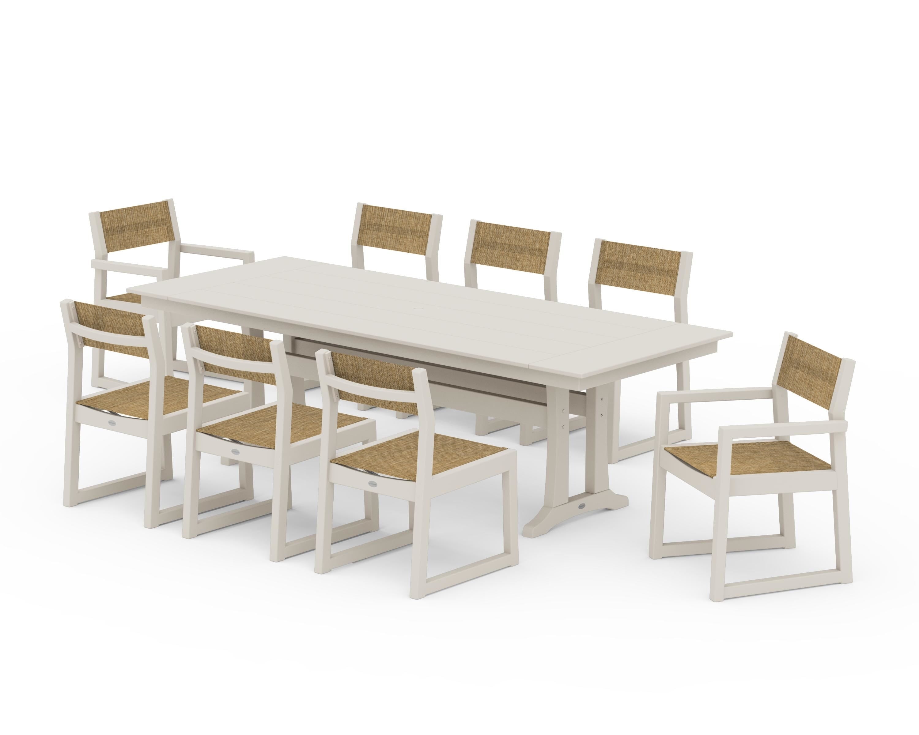 POLYWOOD EDGE Sling 9-Piece Farmhouse Trestle Dining Set in Sand / Burlap Sling