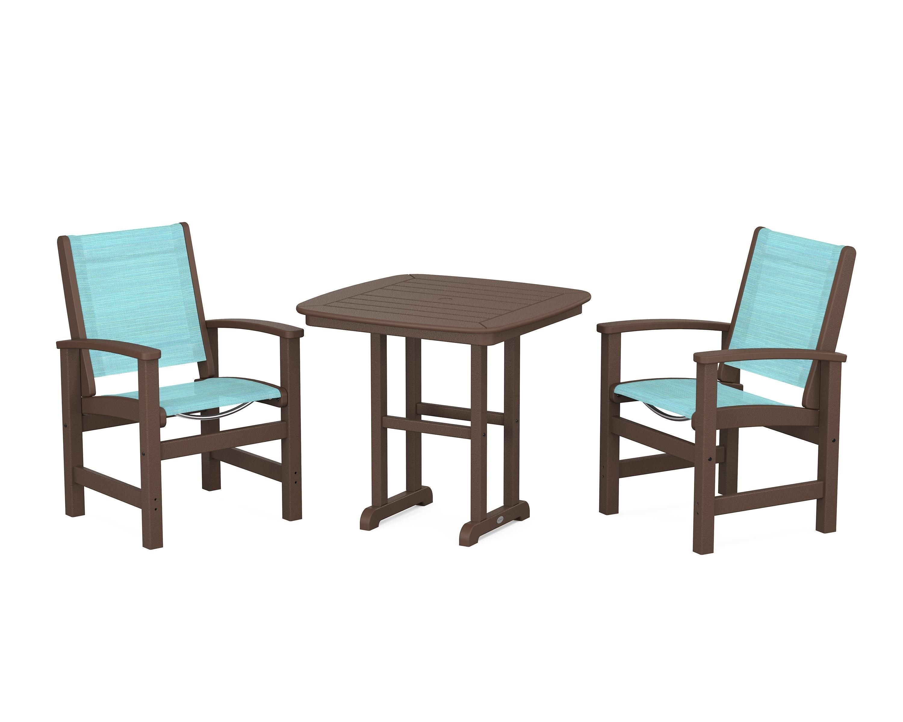 POLYWOOD Coastal 3-Piece Dining Set in Mahogany / Dupioni Aquamarine Sling