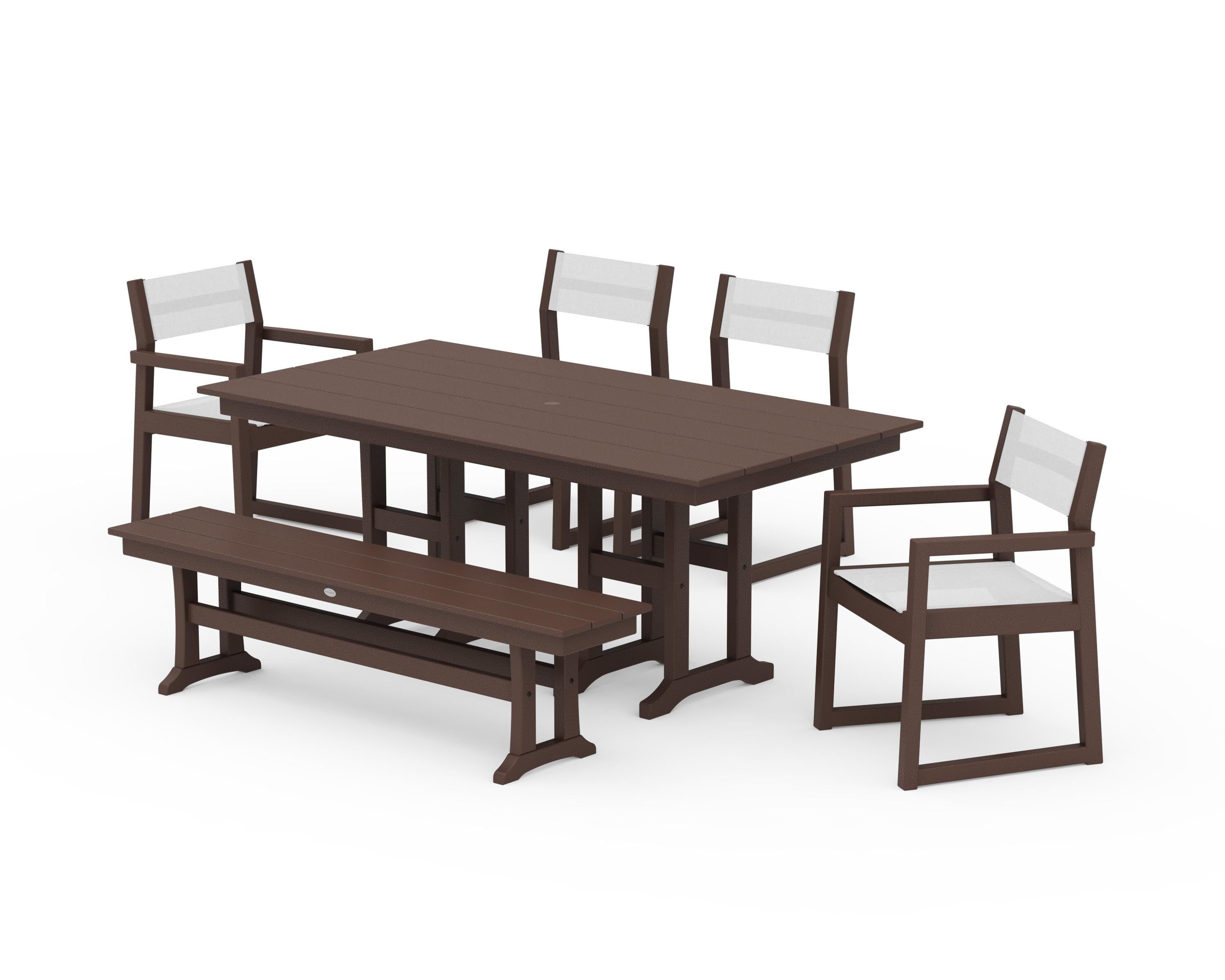 POLYWOOD EDGE Sling 6-Piece Farmhouse Dining Set in Mahogany / White Sling