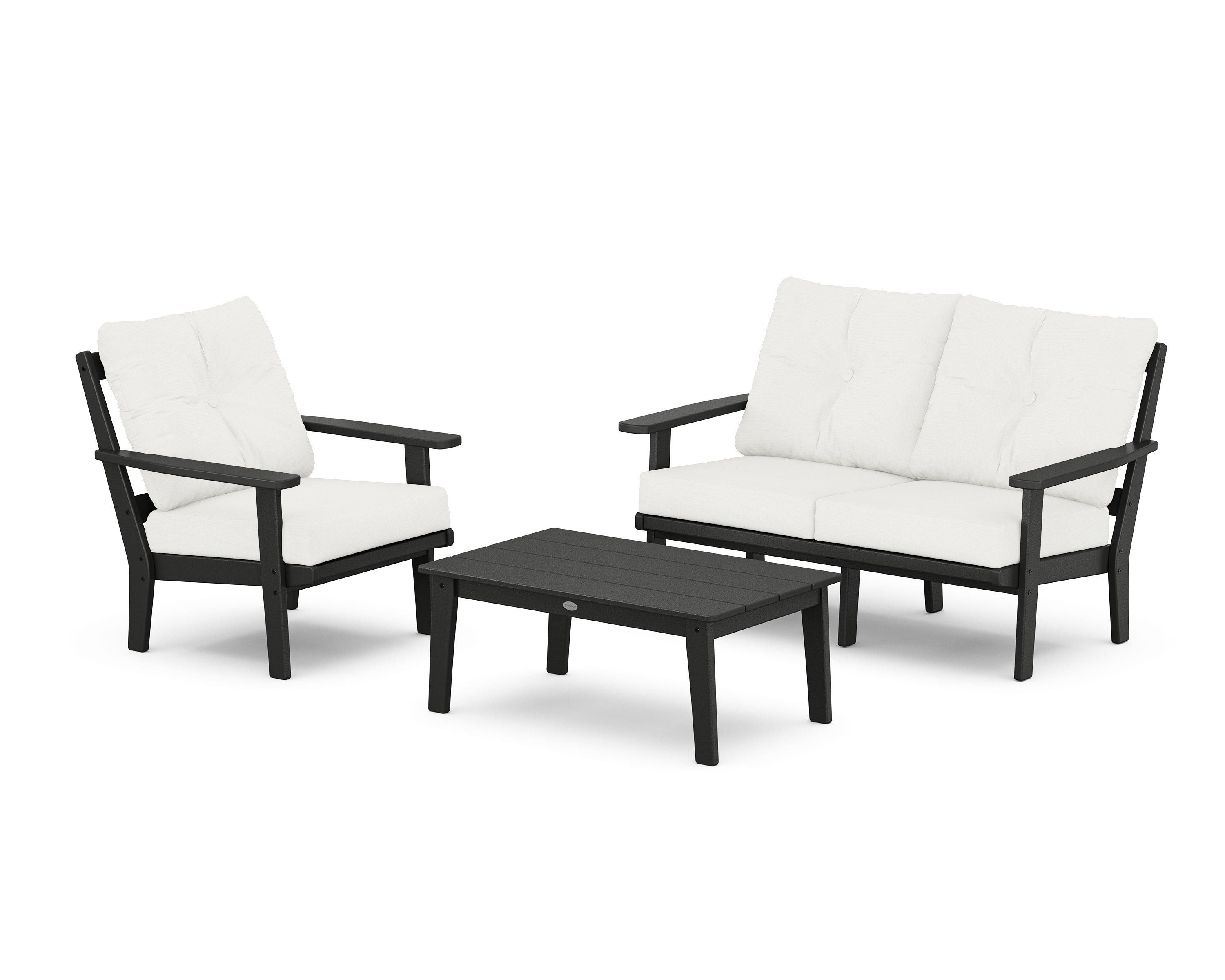 POLYWOOD Oxford 3-Piece Deep Seating Set with Loveseat in Black / Natural Linen