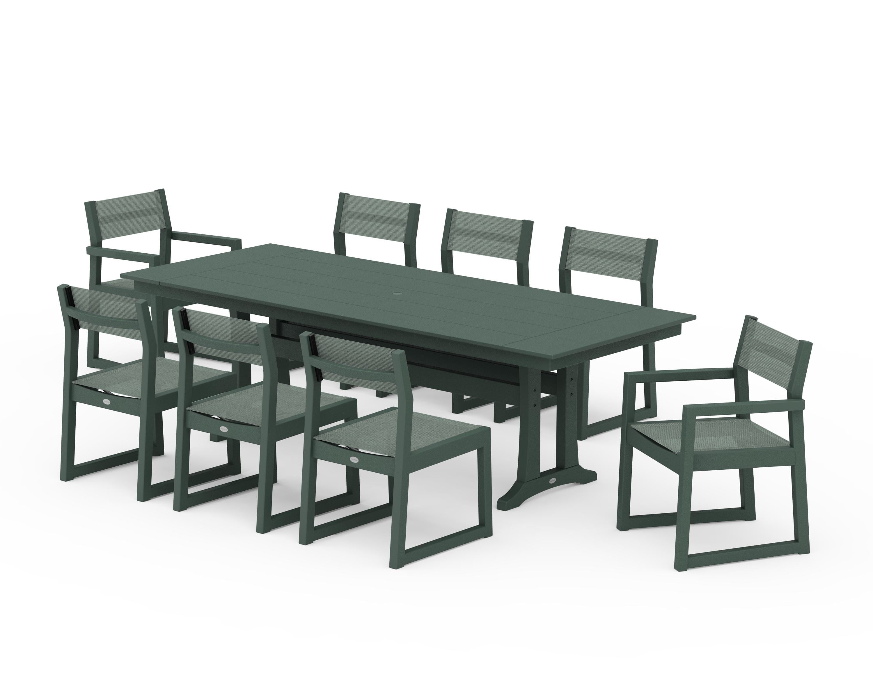 POLYWOOD EDGE Sling 9-Piece Farmhouse Trestle Dining Set in Green / Dupioni Sea Mist Sling