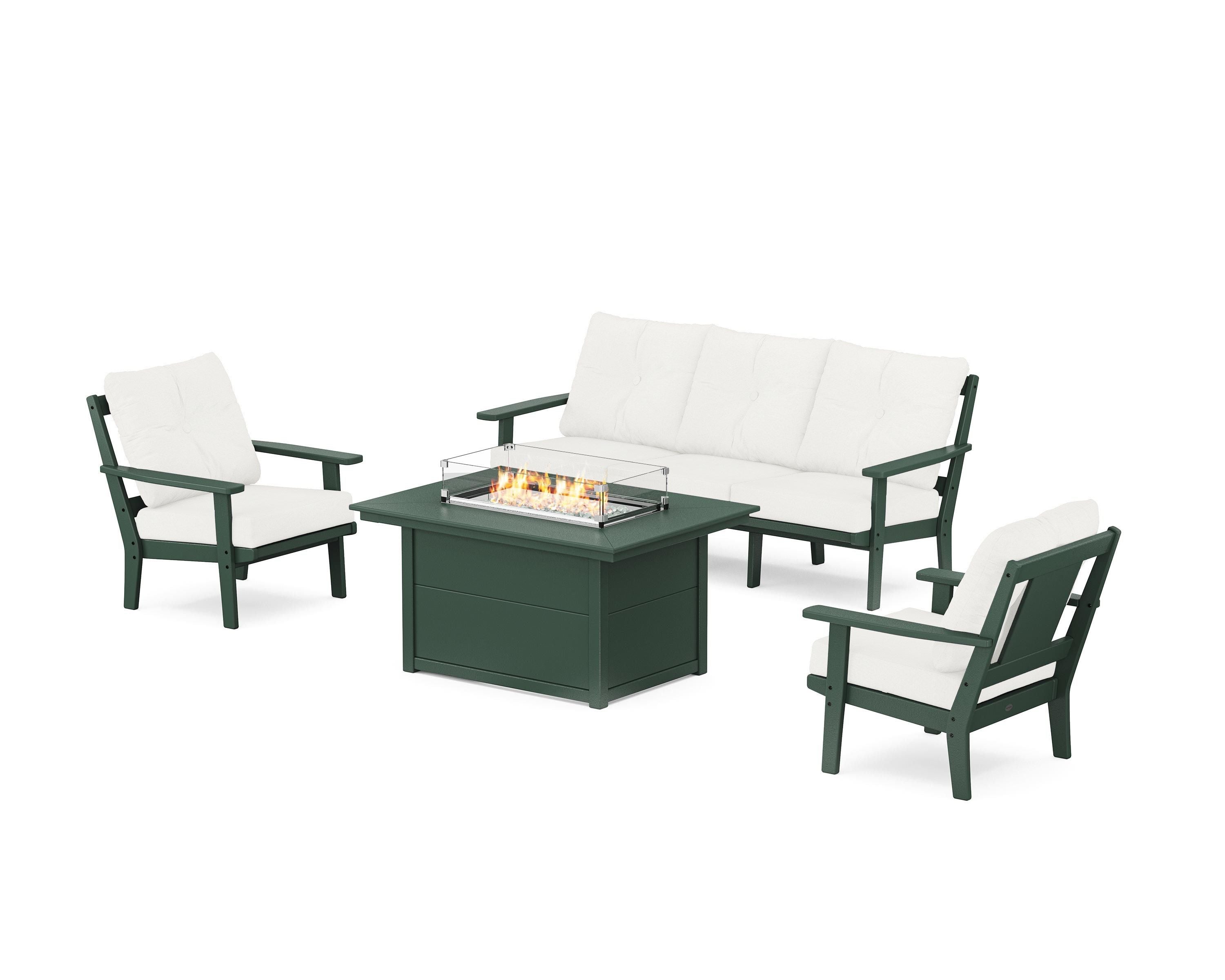 POLYWOOD Prairie Deep Seating Fire Pit Table Set in Green / Natural Linen