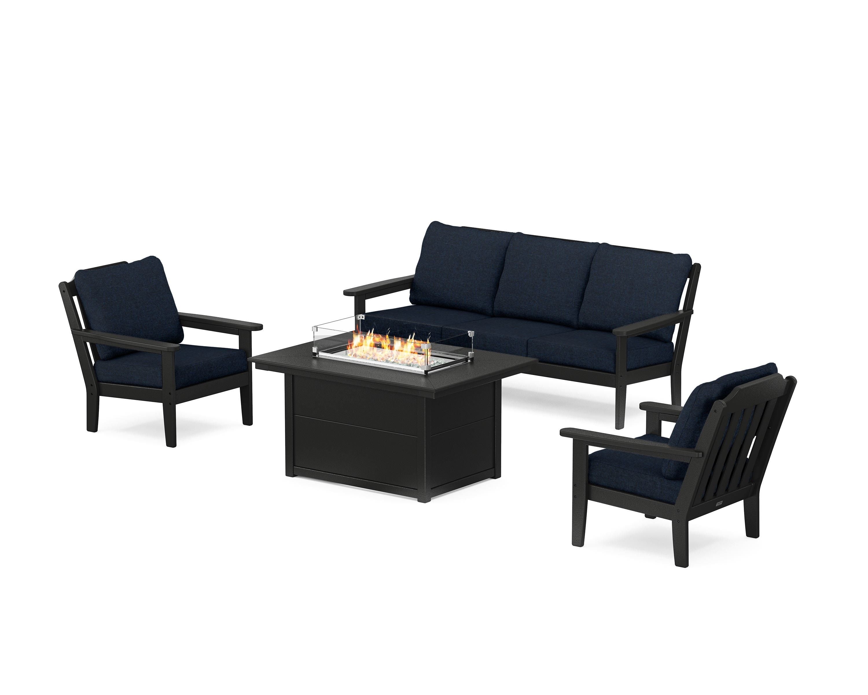 Country Living Cottage Deep Seating Fire Pit Table Set in Black / Marine Indigo