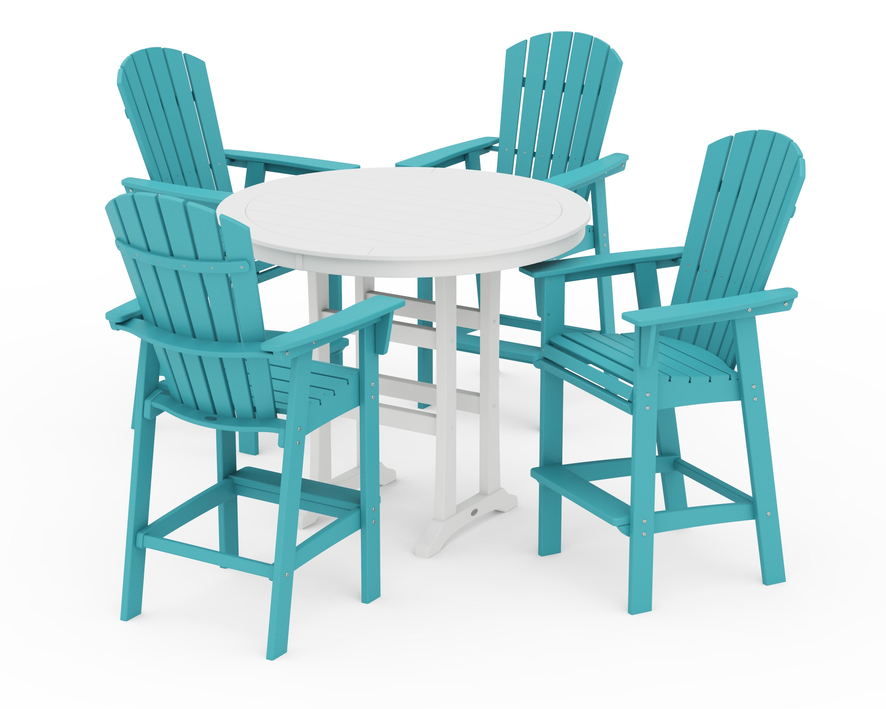 POLYWOOD Nautical Curveback Adirondack 5-Piece Round Trestle Bar Set in Aruba / White
