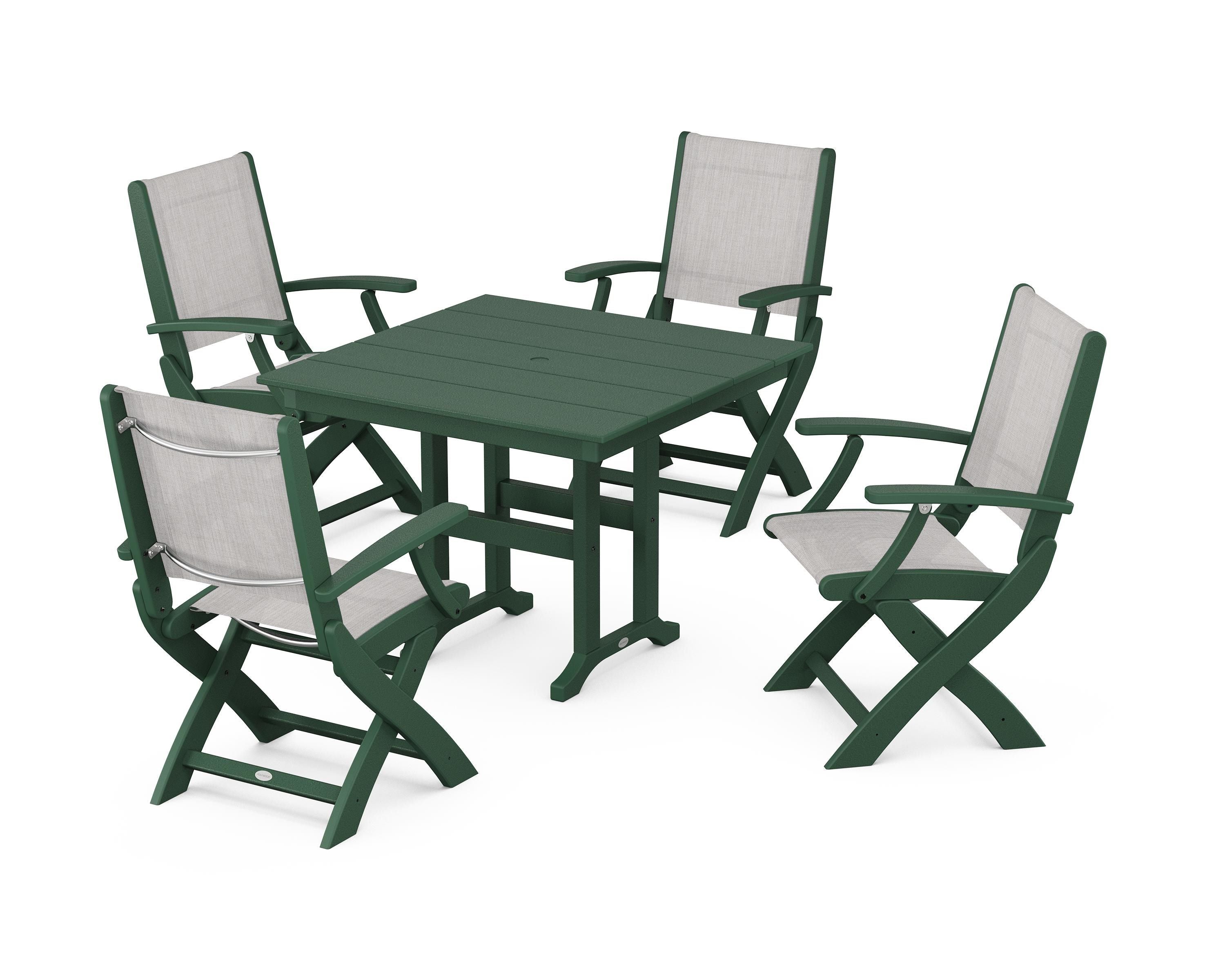 POLYWOOD Coastal Folding Chair 5-Piece Farmhouse Dining Set in Green / Parchment Sling