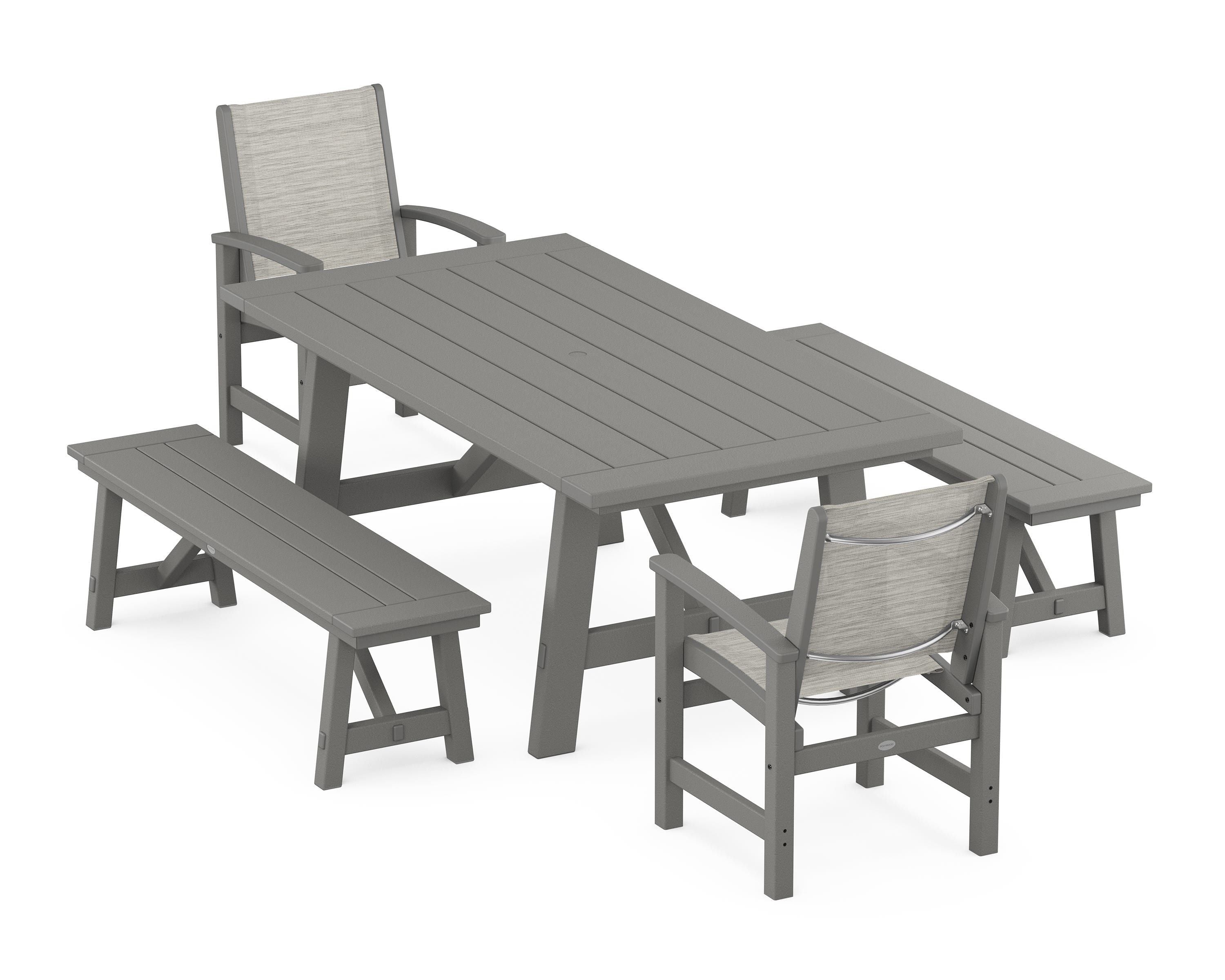 POLYWOOD Coastal 5-Piece Rustic Farmhouse Dining Set With Benches in Slate Grey / Birch Sling