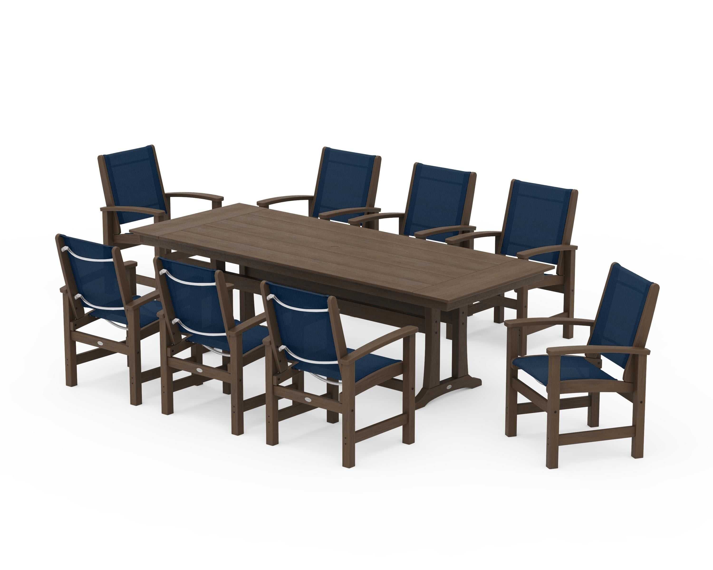 POLYWOOD Coastal 9-Piece Farmhouse Dining Set with Trestle Legs in Kona / Navy Blue Sling