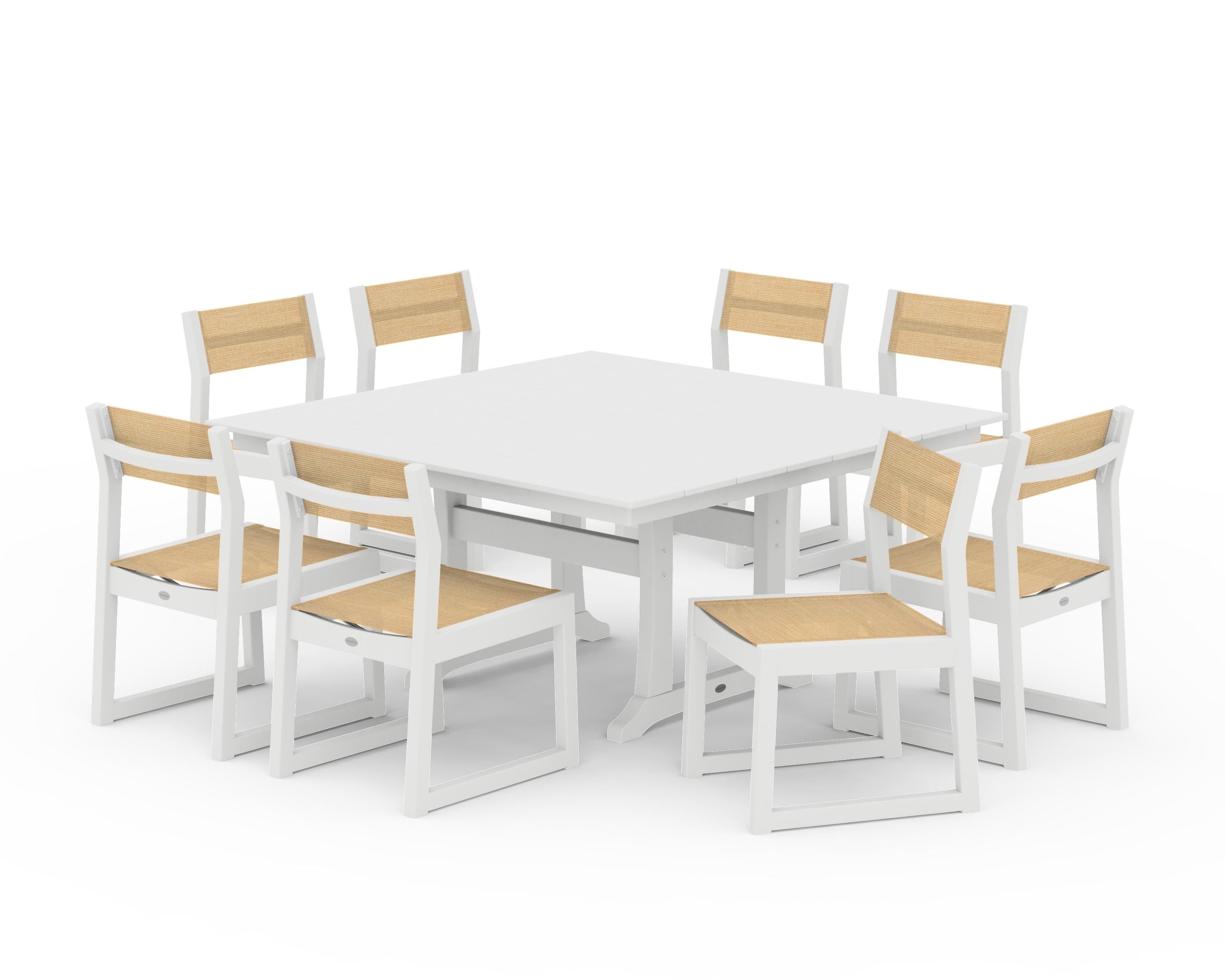 POLYWOOD EDGE Sling Side Chair 9-Piece Farmhouse Trestle Dining Set in White / Dupioni Apricot Sling