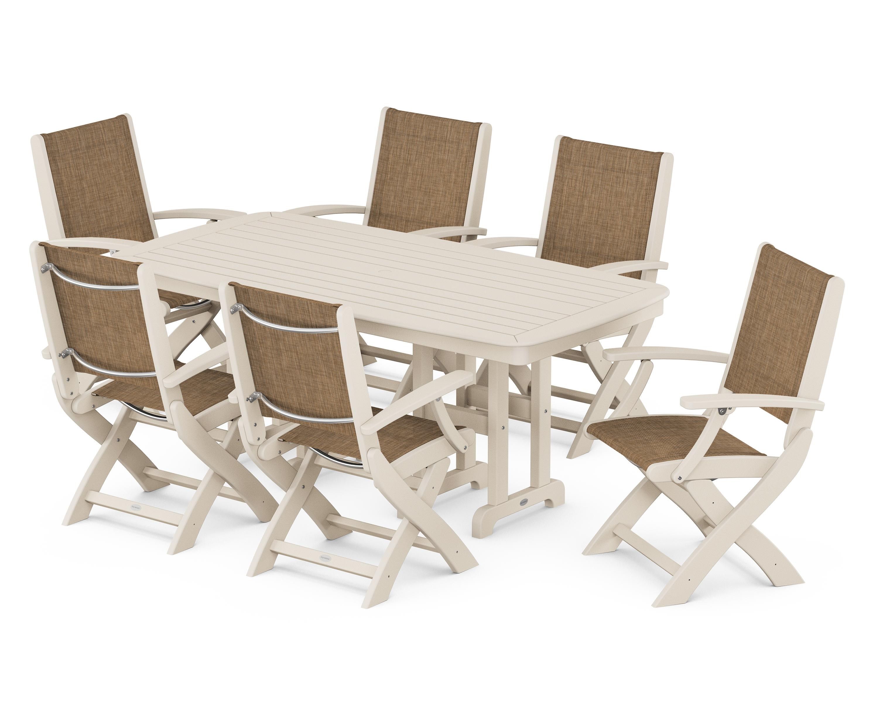 POLYWOOD Coastal Folding Arm Chair 7-Piece Dining Set in Sand / Burlap Sling