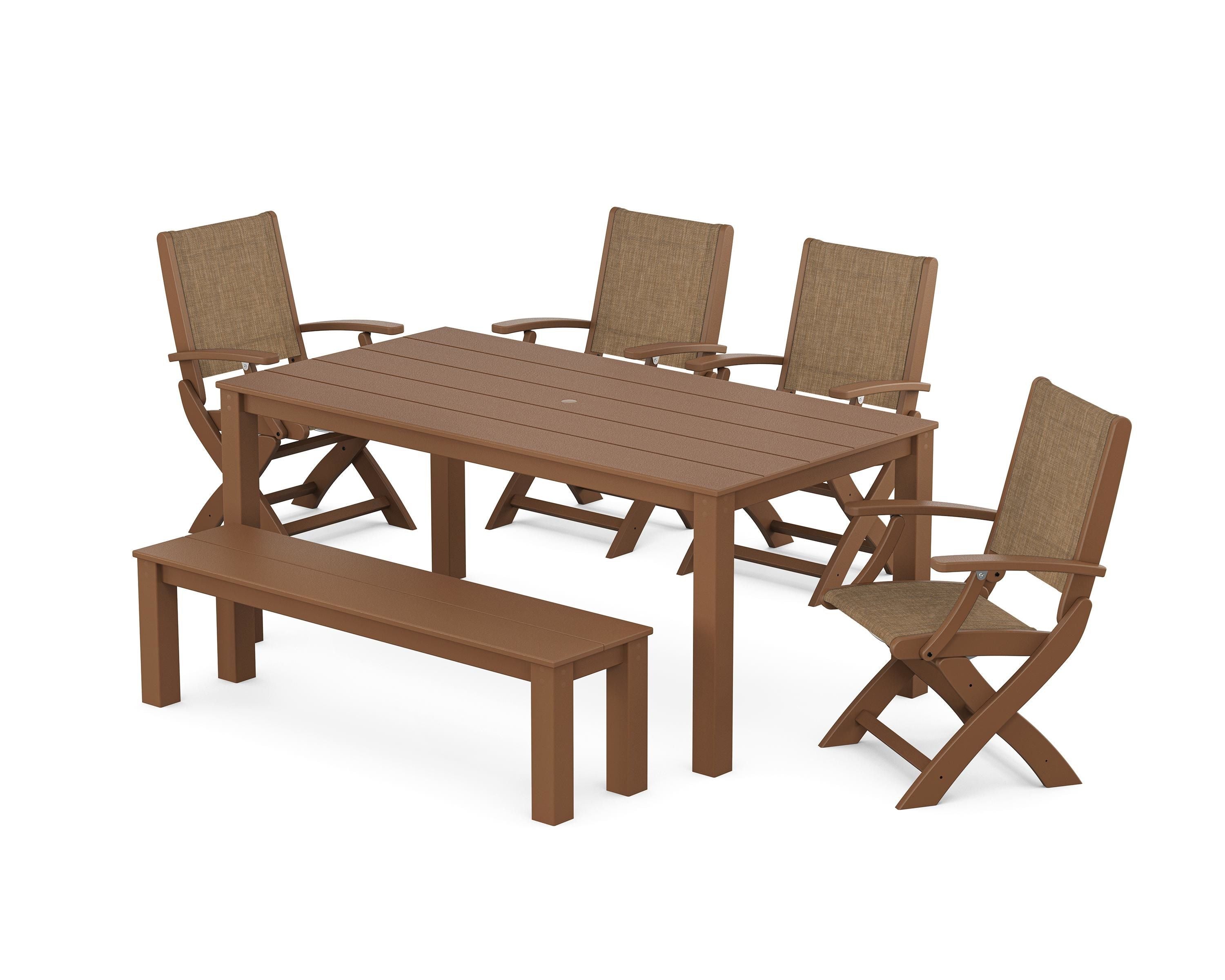 POLYWOOD Coastal Folding Chair 6-Piece Parsons Dining Set with Bench in Teak / Burlap Sling