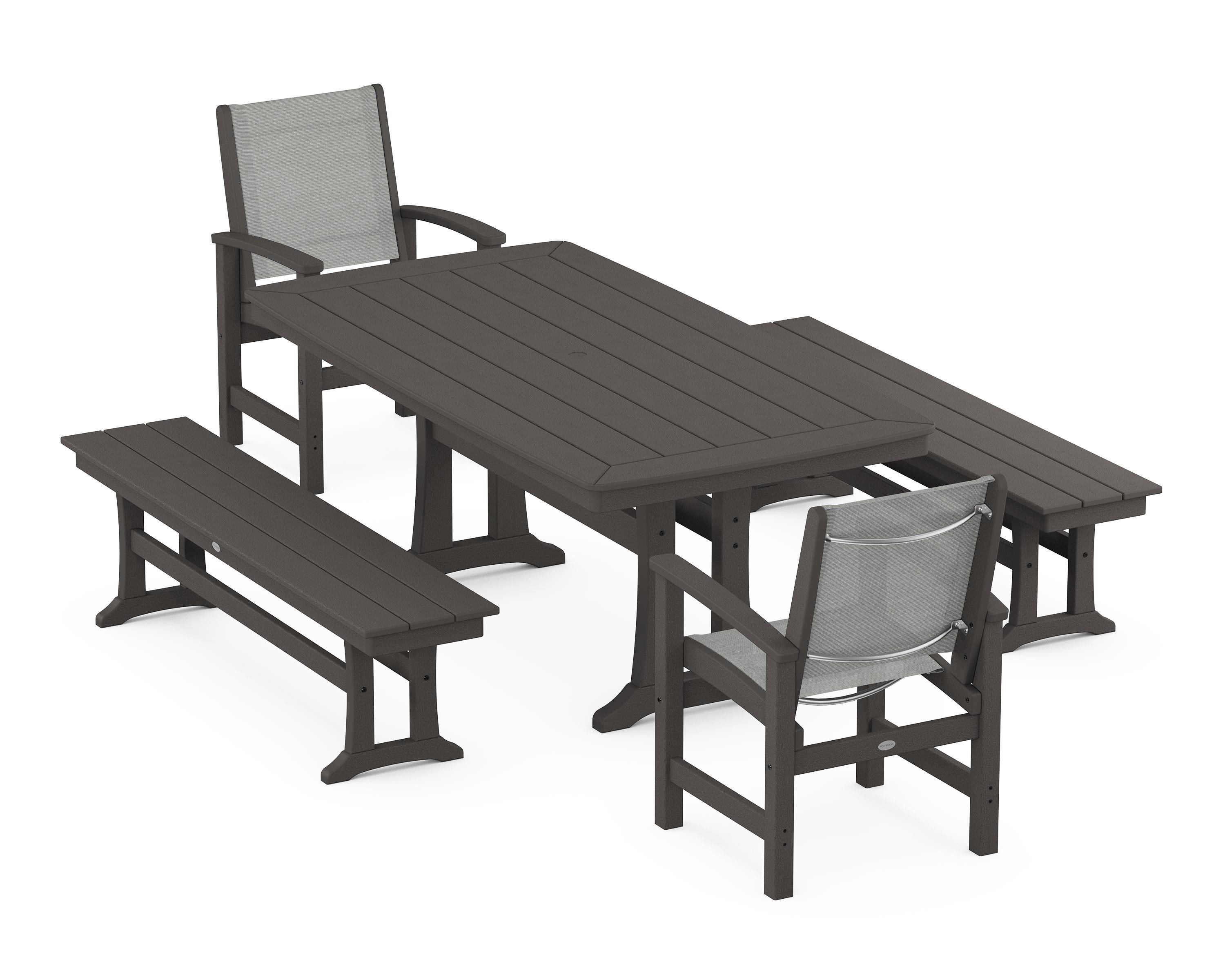POLYWOOD Coastal 5-Piece Dining Set with Trestle Legs and Benches in Vintage Coffee / Metallic Sling