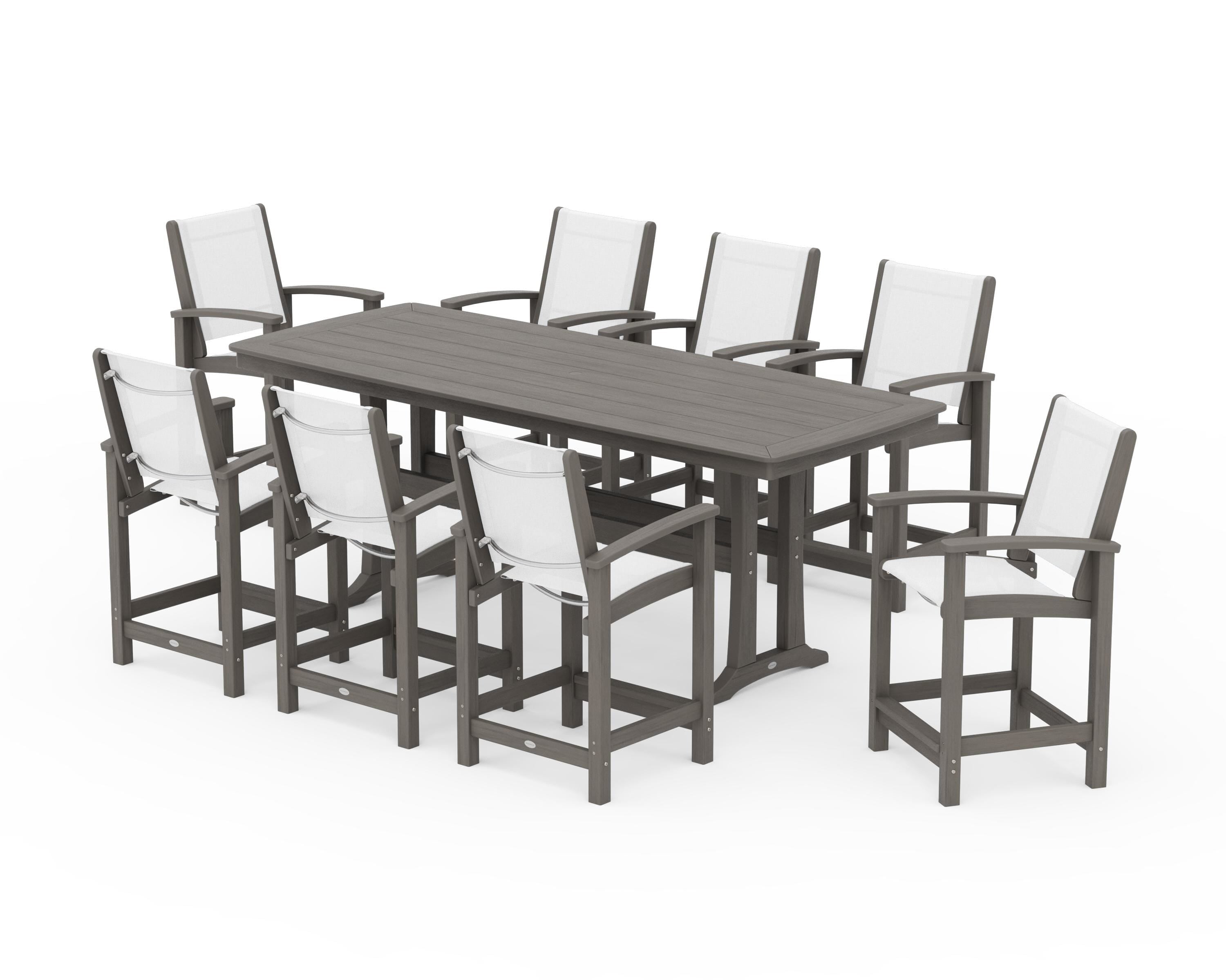 POLYWOOD Coastal 9-Piece Counter Set with Trestle Legs in Driftwood / White Sling