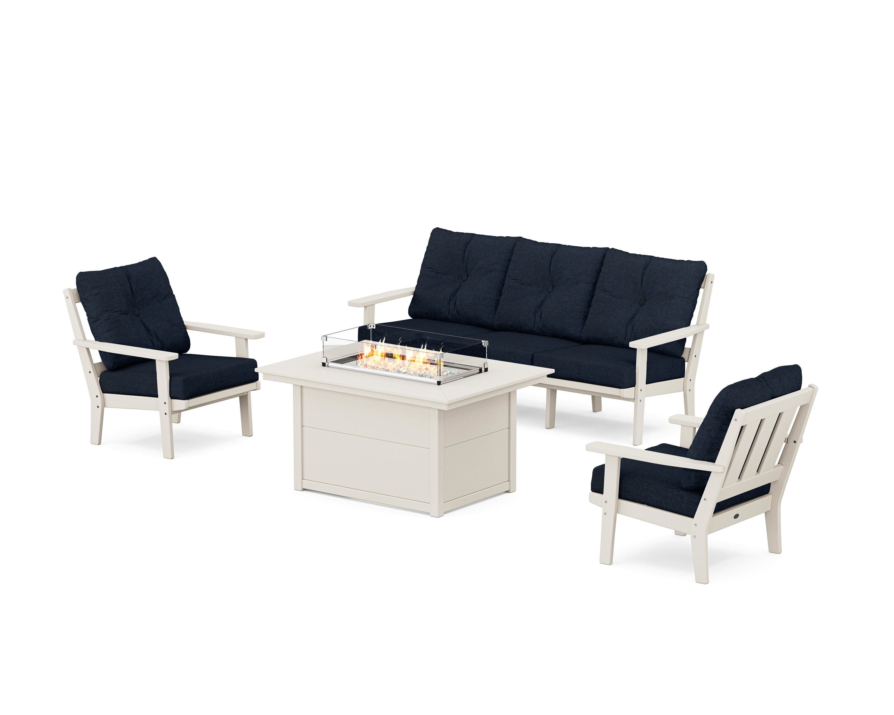 POLYWOOD Oxford Deep Seating Fire Pit Table Set in Sand / Marine Indigo
