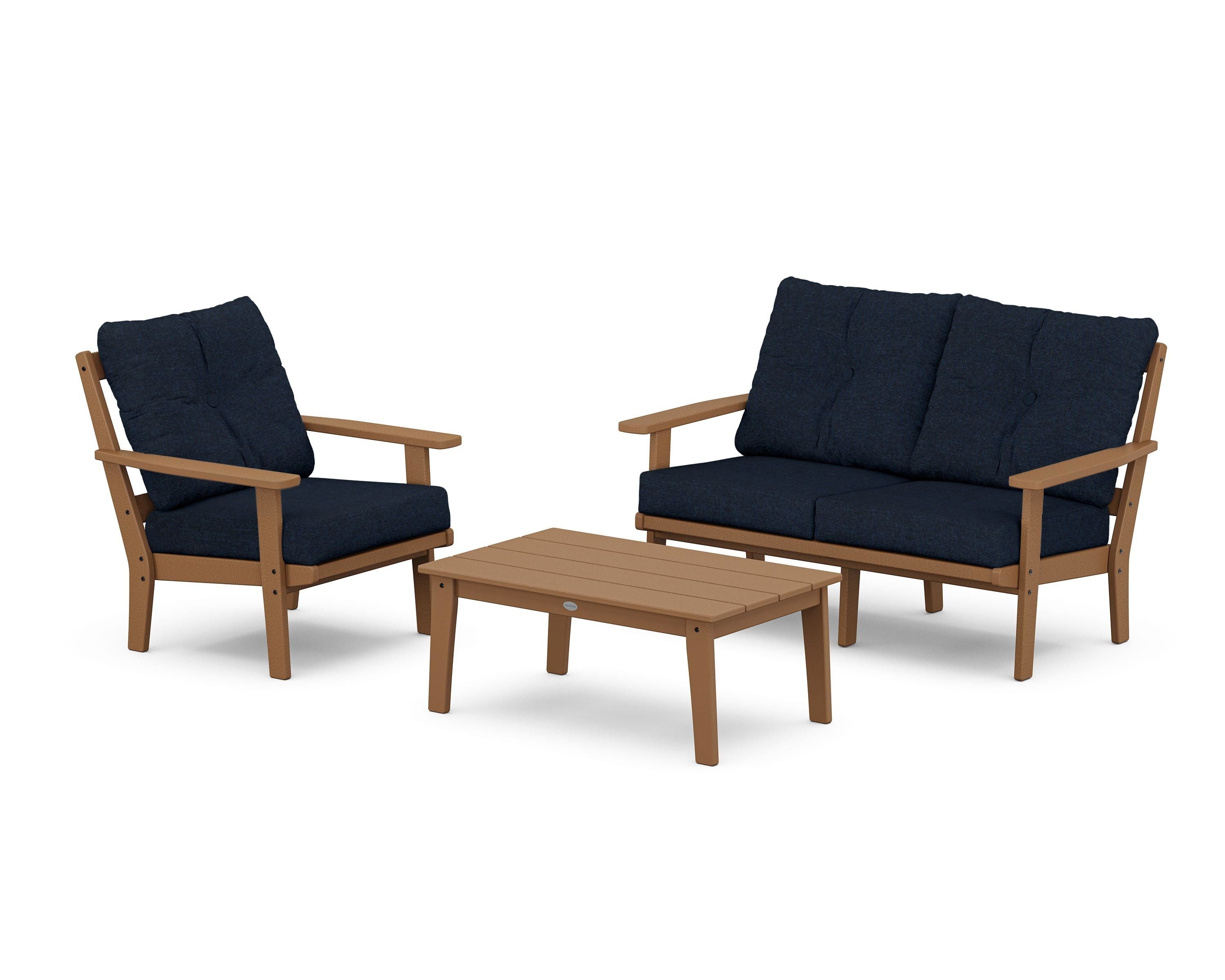 POLYWOOD Oxford 3-Piece Deep Seating Set with Loveseat in Teak / Marine Indigo