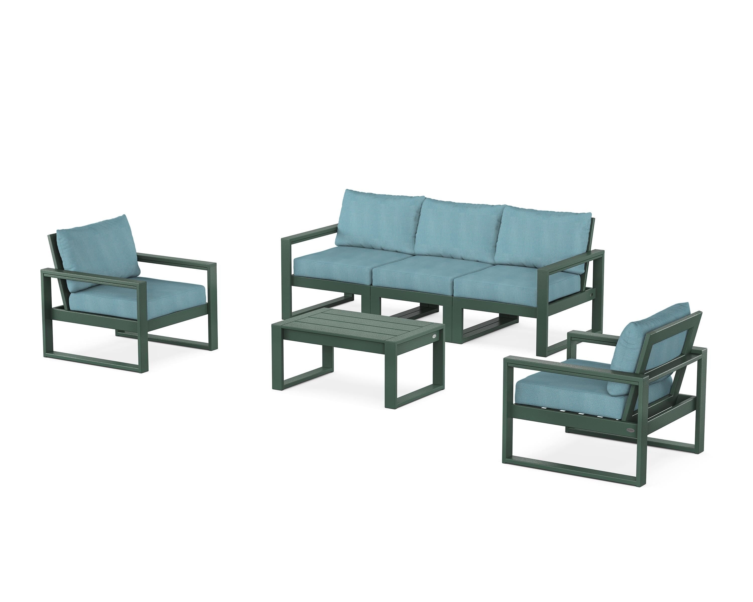 POLYWOOD EDGE Sectional 4-Piece Deep Seating Set with Sofa in Green / Lattice Sky Blue