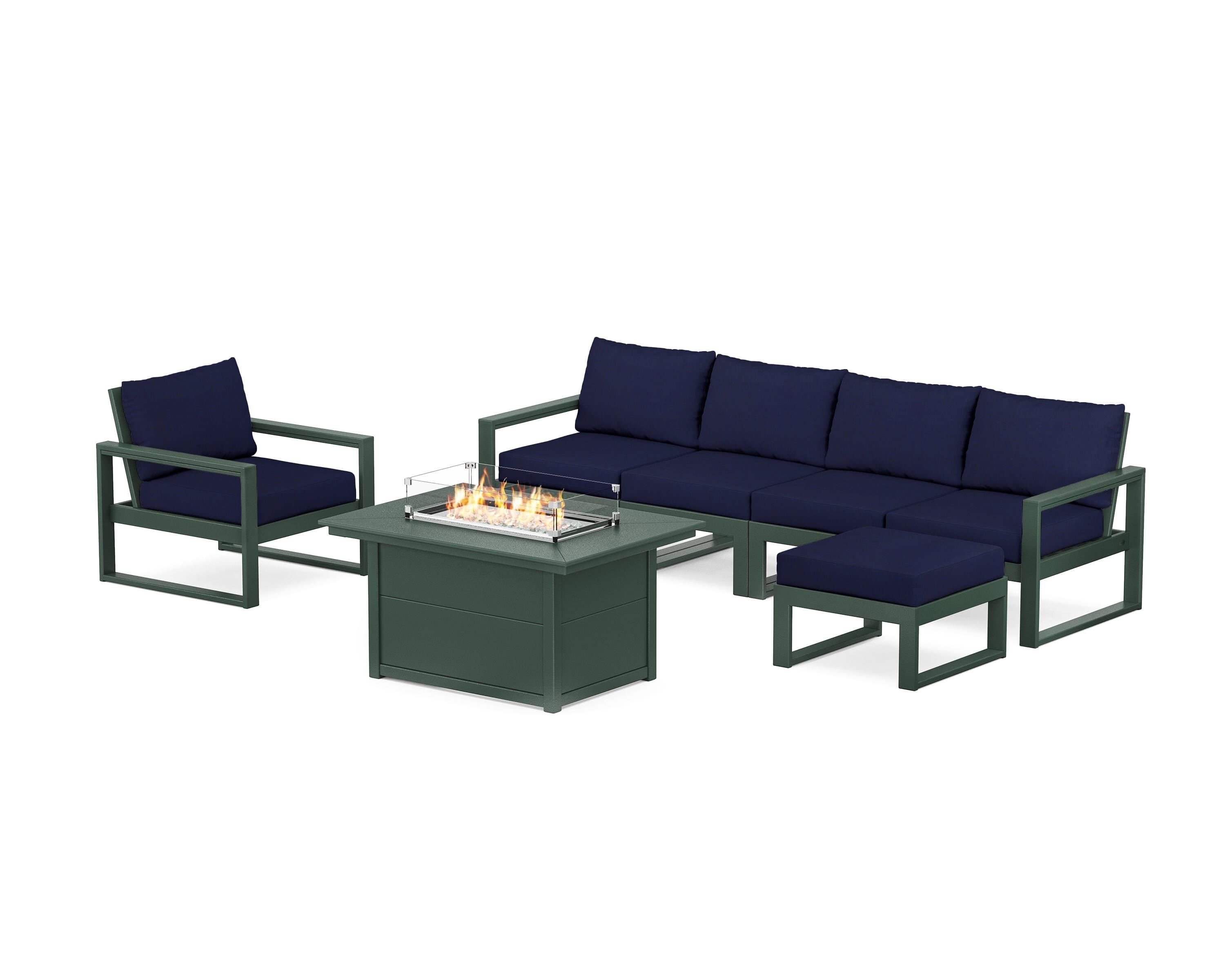 POLYWOOD EDGE Sectional Lounge and Fire Pit Set in Green / Navy